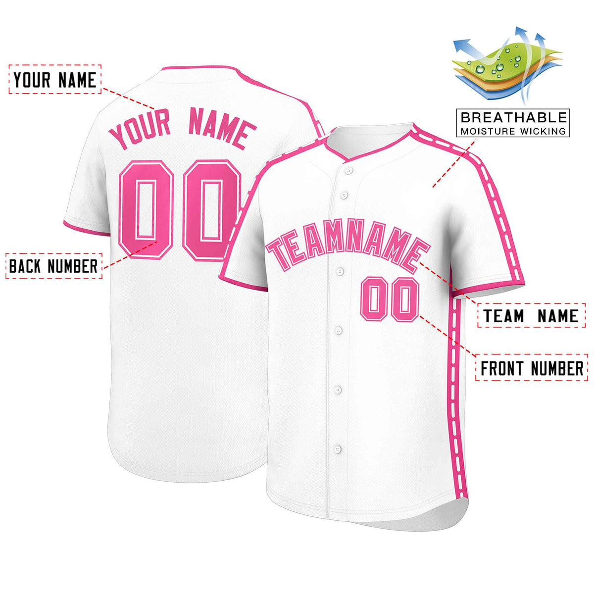 Custom White Pink Color Block Personalized Side Dotted Line Authentic Baseball Jersey