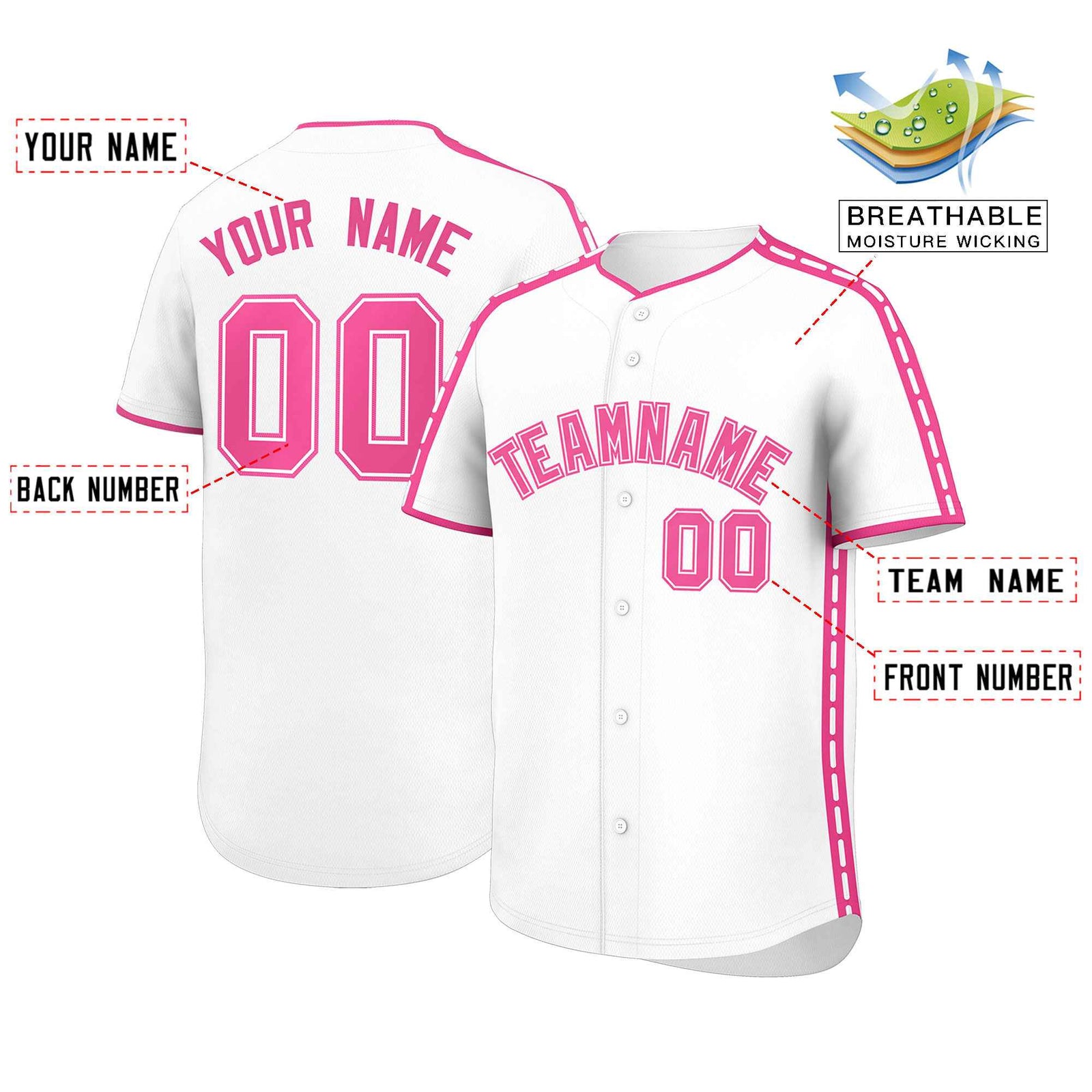 Custom White Pink Color Block Personalized Side Dotted Line Authentic Baseball Jersey