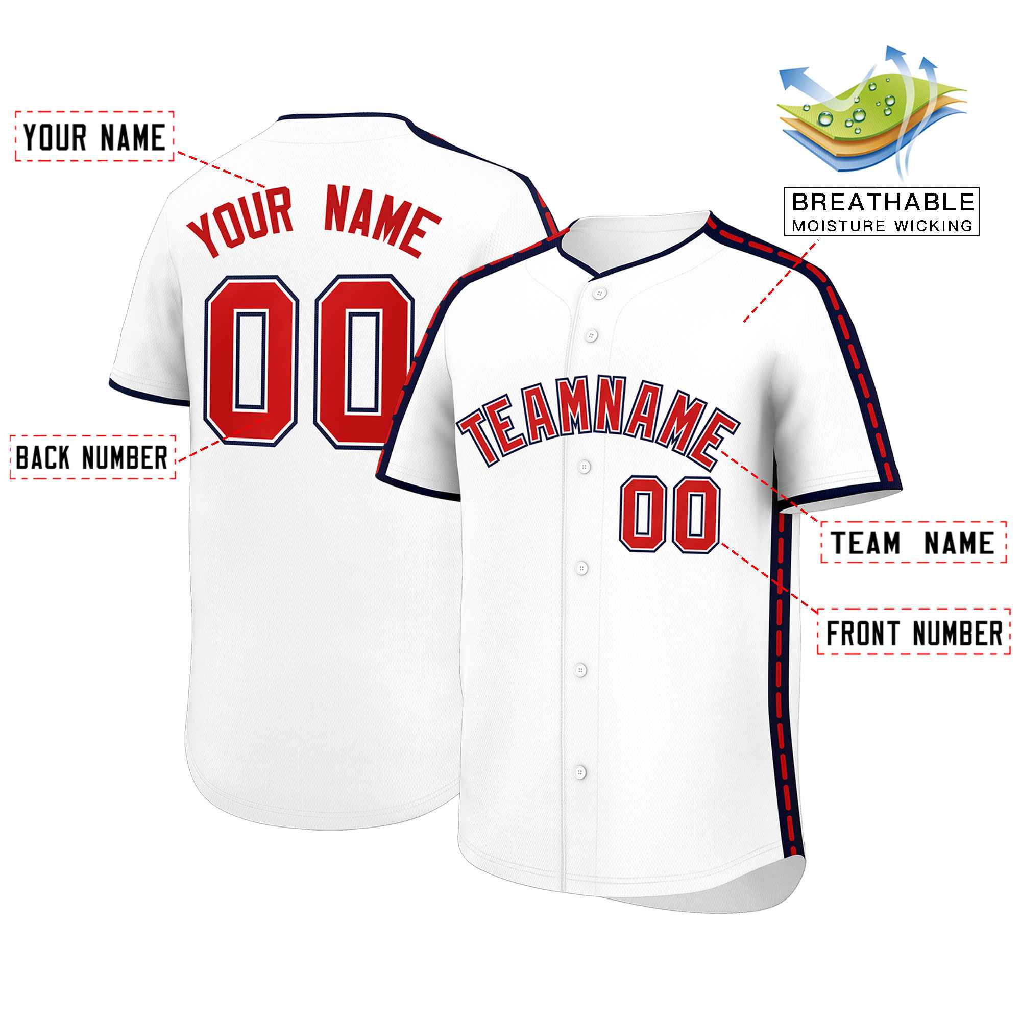 Custom White Navy Color Block Personalized Side Dotted Line Authentic Baseball Jersey
