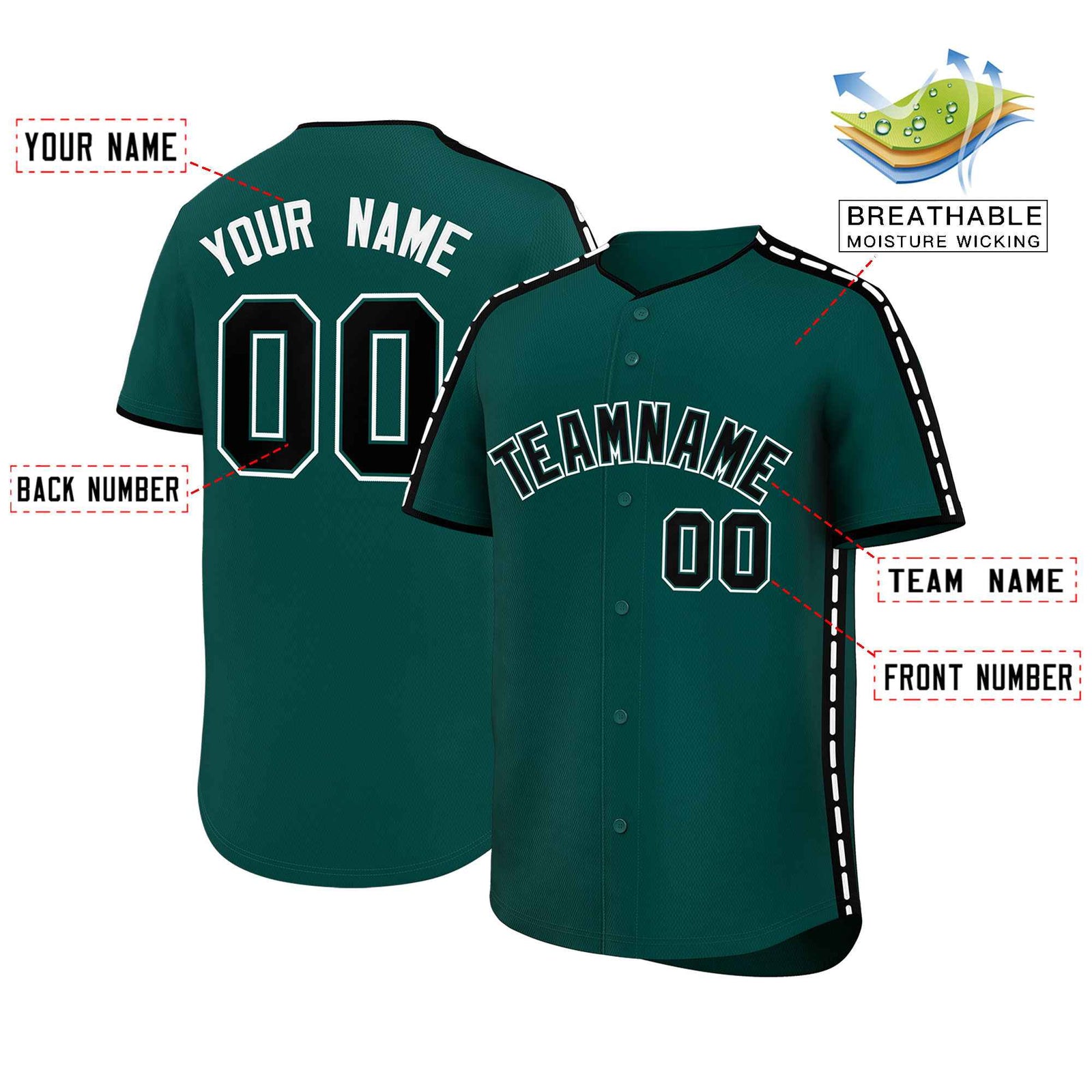 Custom Midnight Green Black Color Block Personalized Side Dotted Line Authentic Baseball Jersey