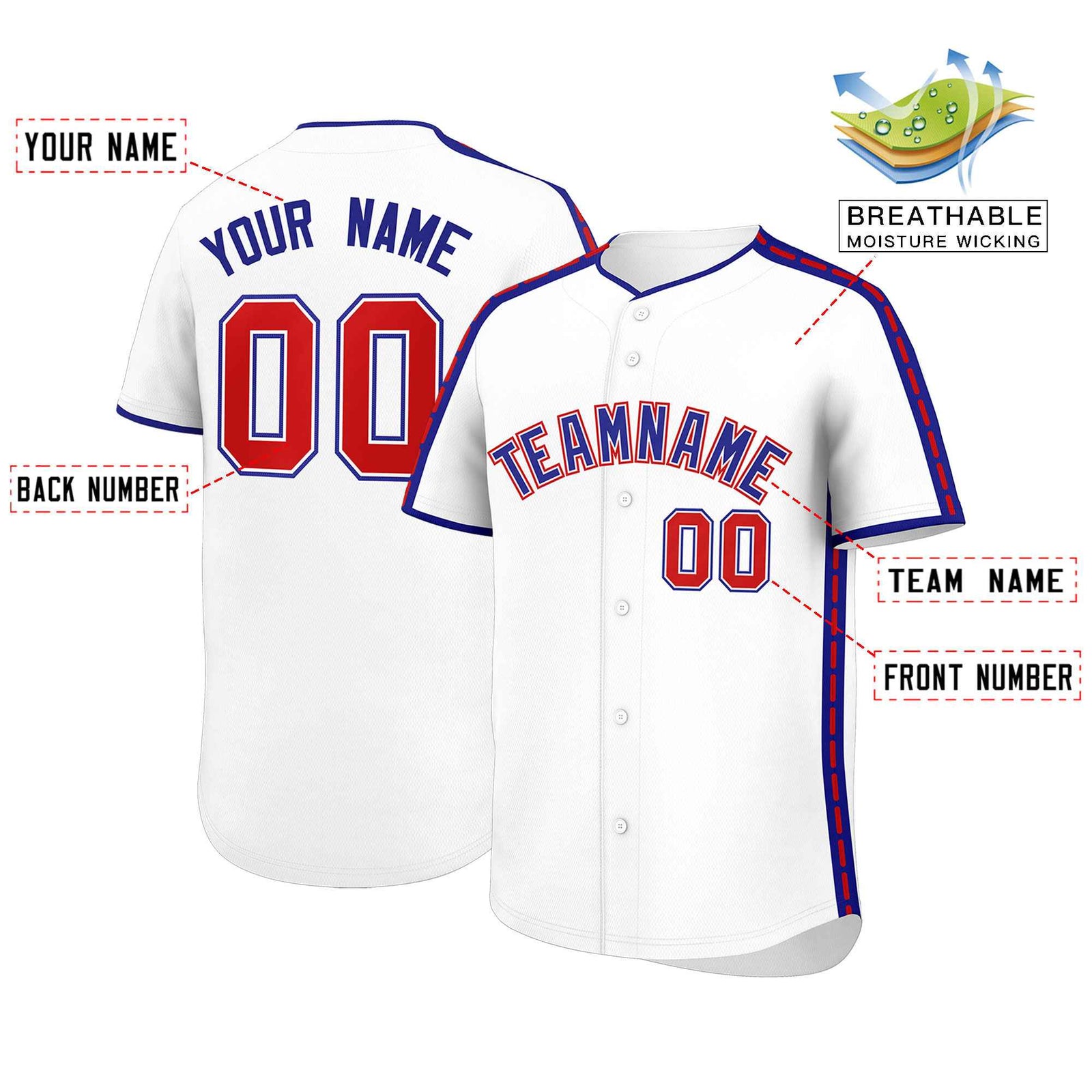 Custom White Royal Color Block Personalized Side Dotted Line Authentic Baseball Jersey