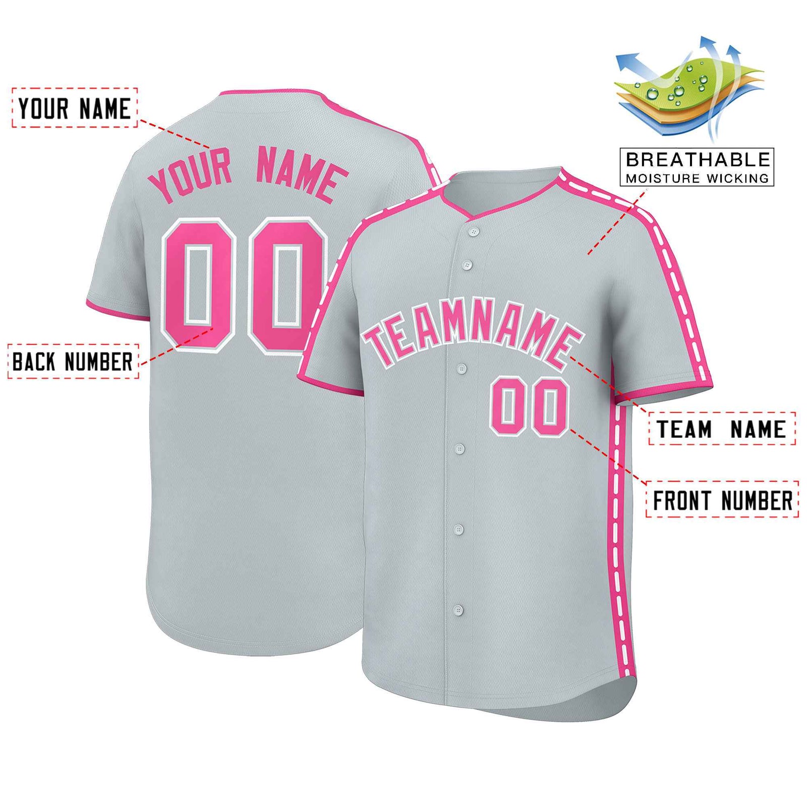 Custom Silver Pink Color Block Personalized Side Dotted Line Authentic Baseball Jersey