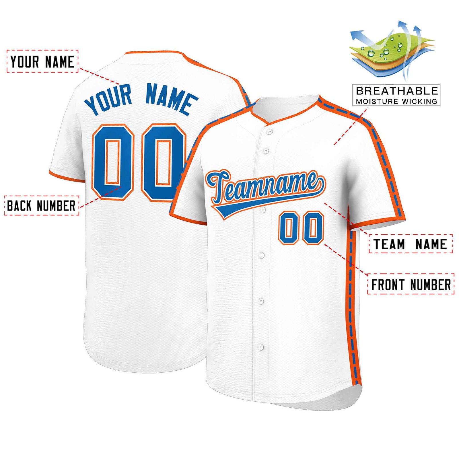 Custom White Orange Color Block Personalized Side Dotted Line Authentic Baseball Jersey