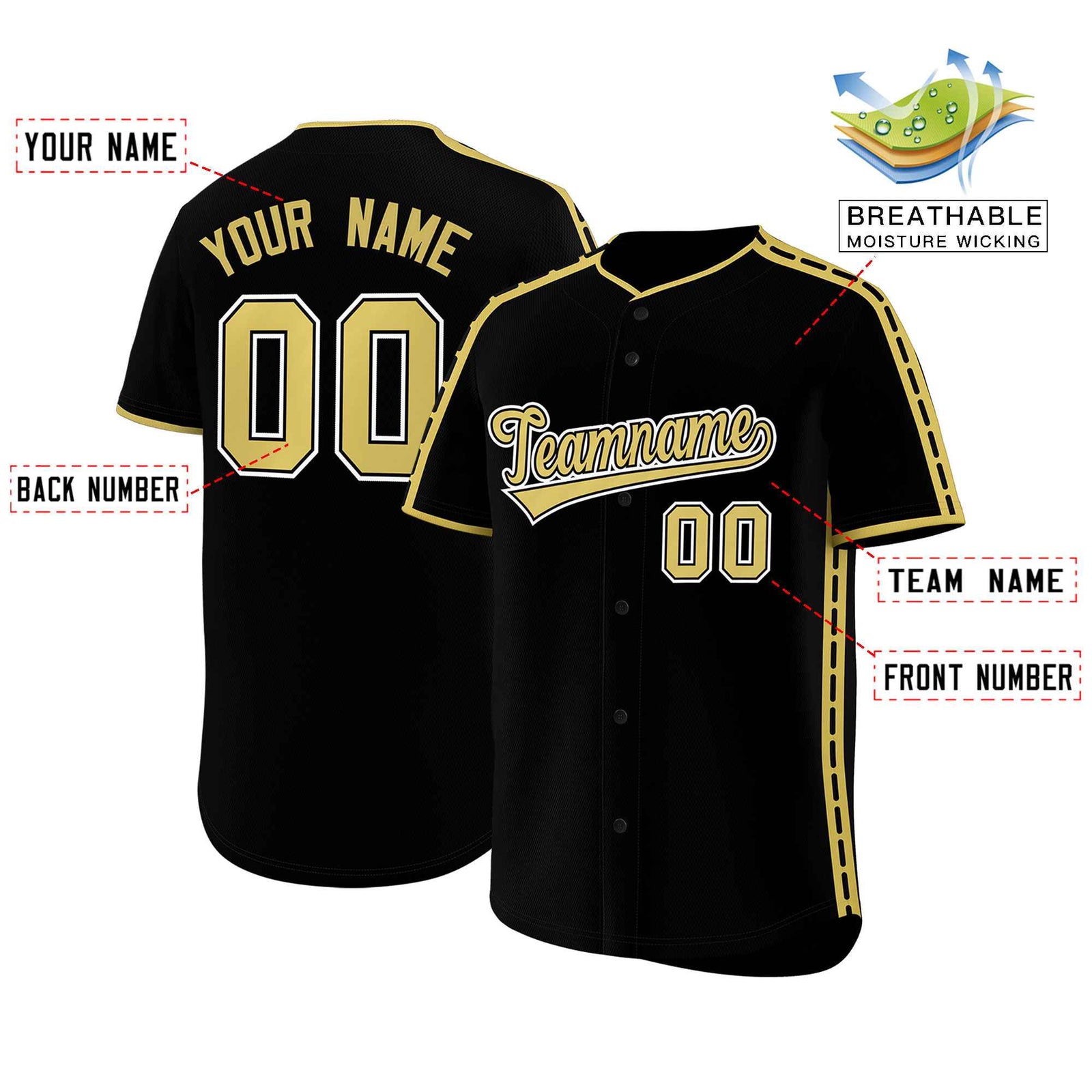 Custom Black Old Gold Color Block Personalized Side Dotted Line Authentic Baseball Jersey