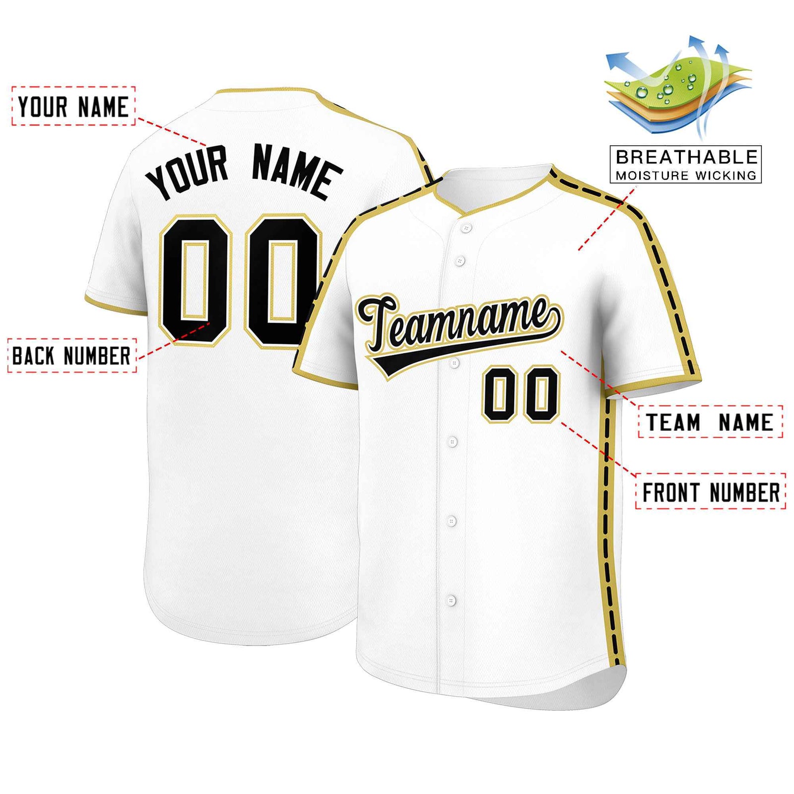 Custom White Old Gold Color Block Personalized Side Dotted Line Authentic Baseball Jersey