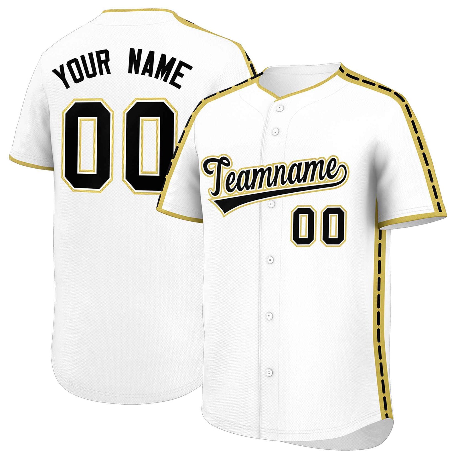 Custom White Old Gold Color Block Personalized Side Dotted Line Authentic Baseball Jersey
