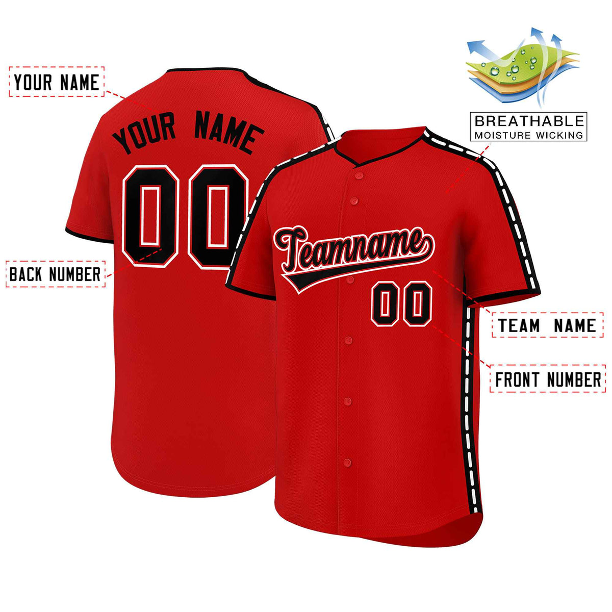 Custom Red Black Color Block Personalized Side Dotted Line Authentic Baseball Jersey
