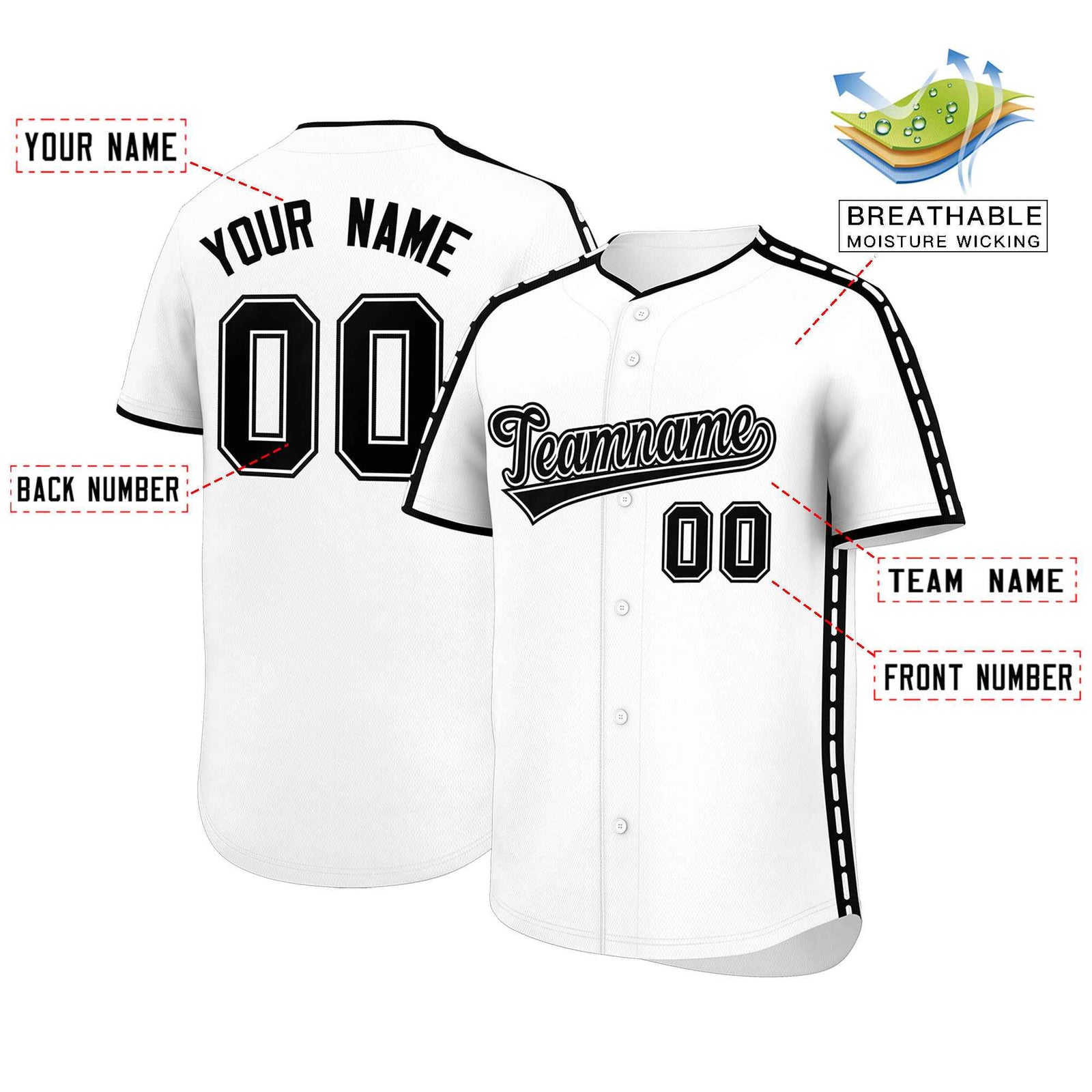 Custom White Black Color Block Personalized Side Dotted Line Authentic Baseball Jersey