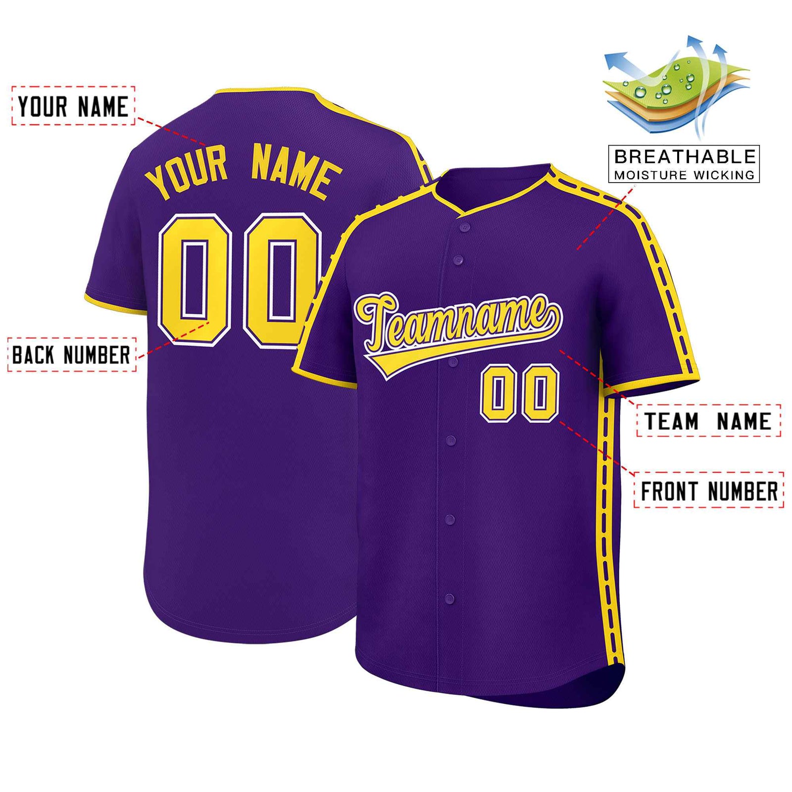Custom Purple Gold Color Block Personalized Side Dotted Line Authentic Baseball Jersey