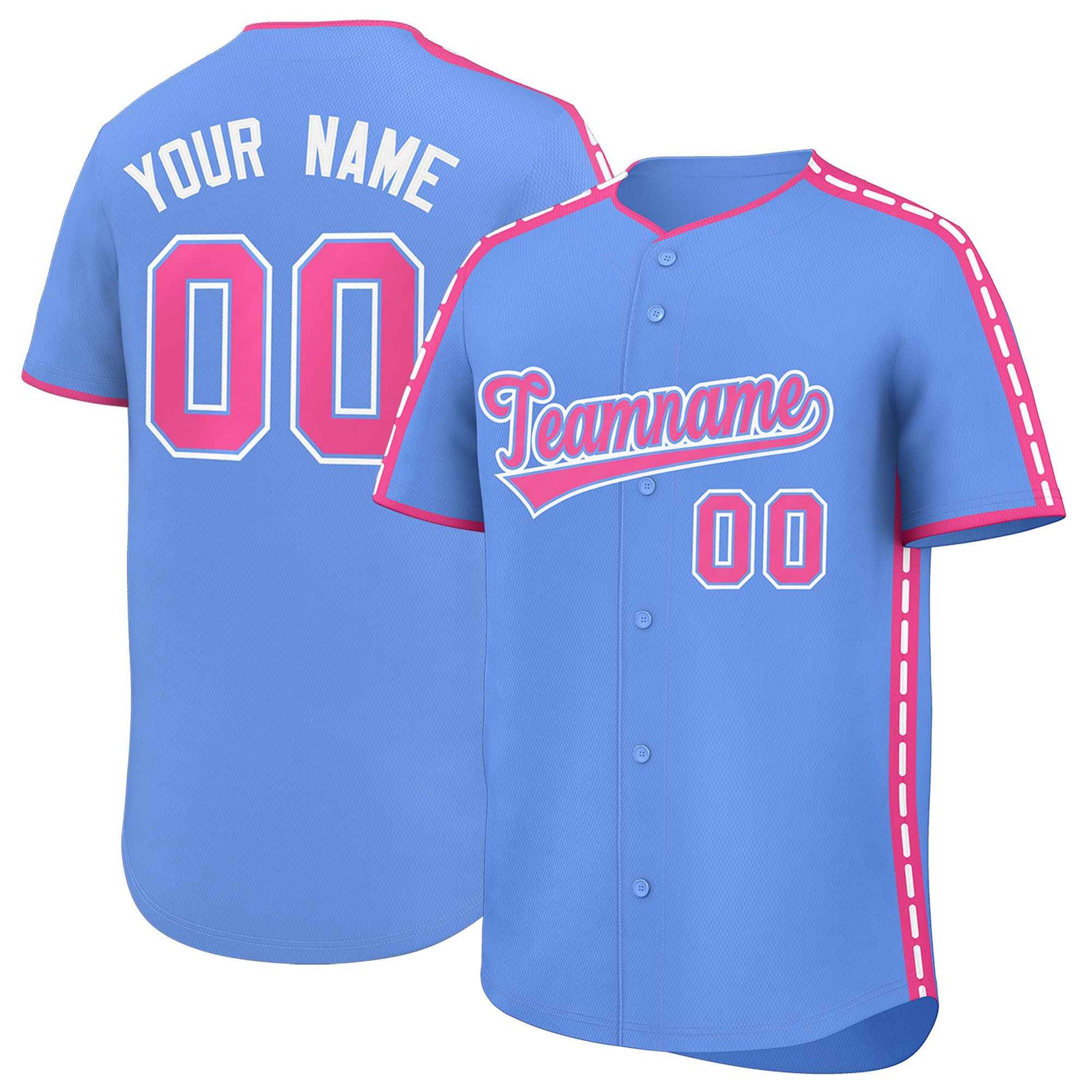 Custom Light Blue Pink Color Block Personalized Side Dotted Line Authentic Baseball Jersey