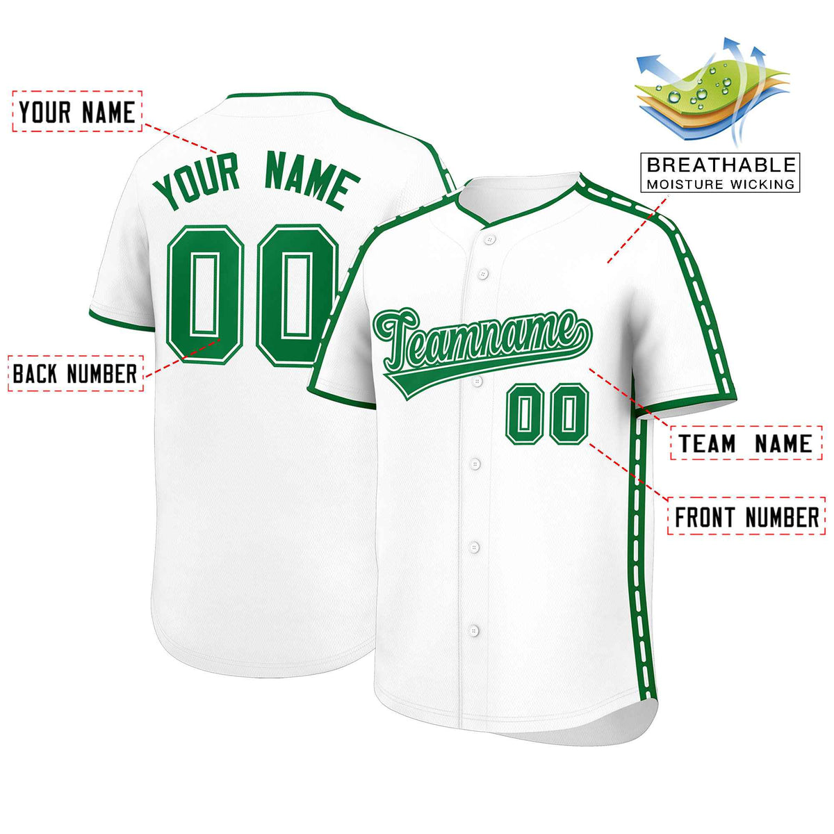 Custom White Kelly Green Color Block Personalized Side Dotted Line Authentic Baseball Jersey