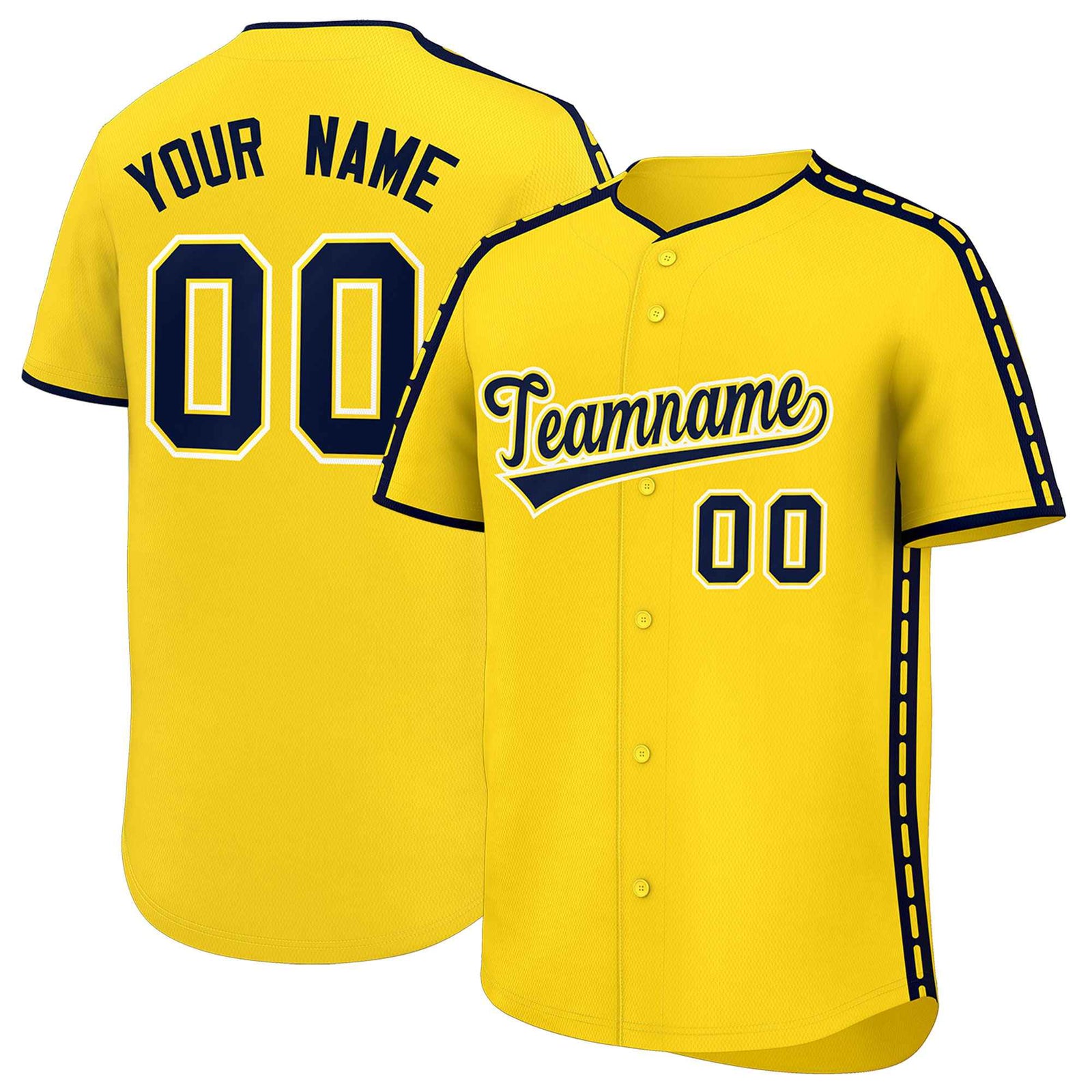 Custom Gold Navy Color Block Personalized Side Dotted Line Authentic Baseball Jersey