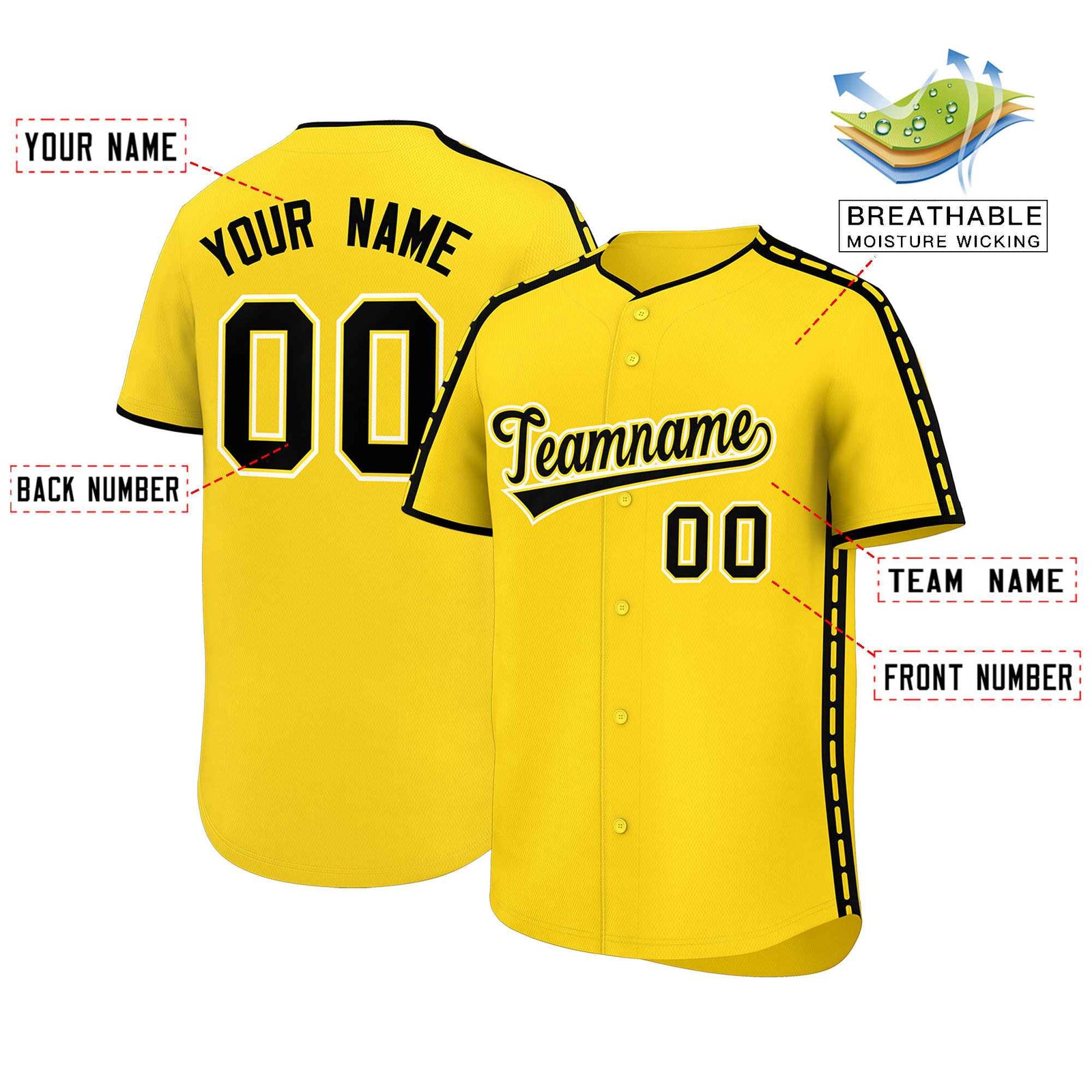 Custom Gold Black Color Block Personalized Side Dotted Line Authentic Baseball Jersey
