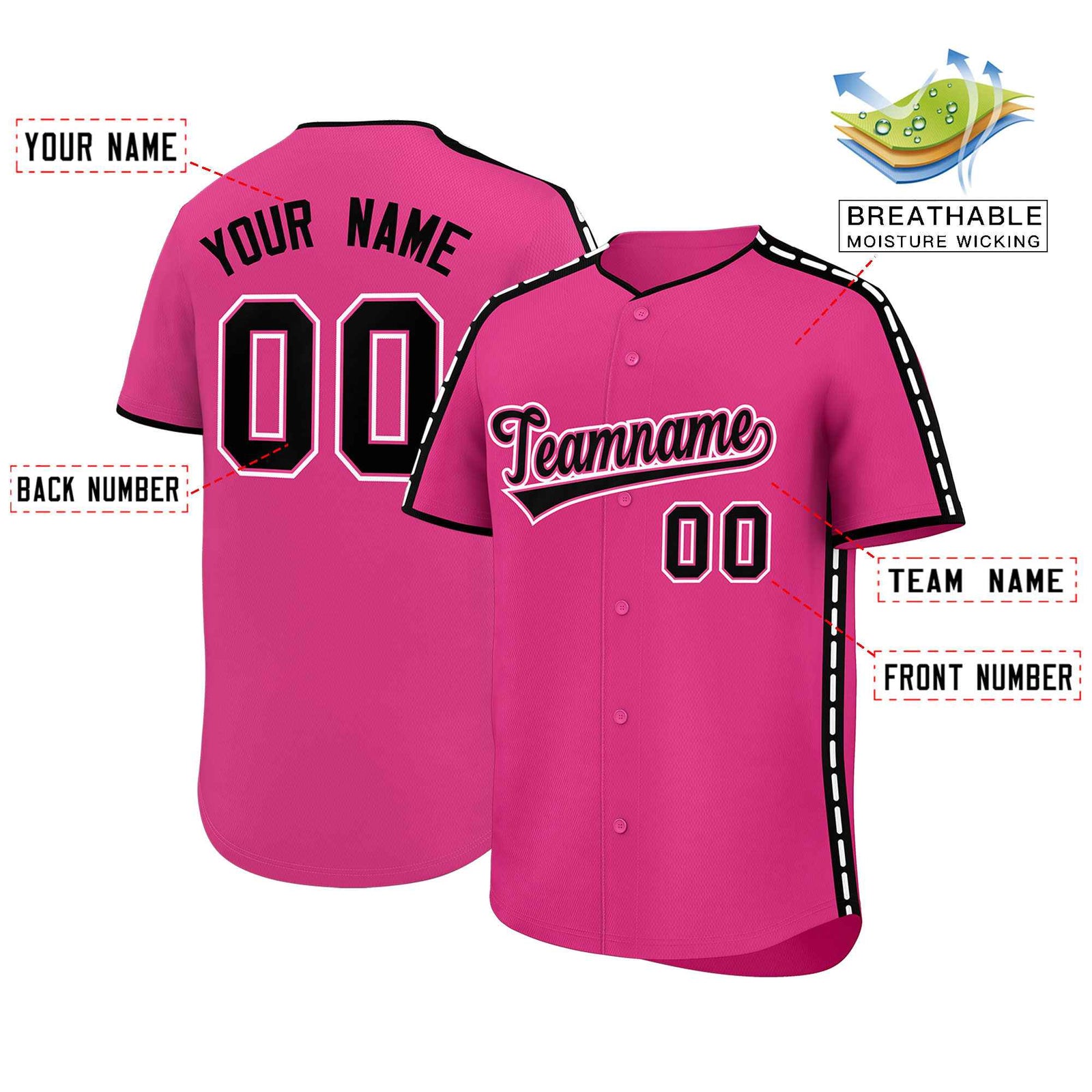 Custom Pink Black Color Block Personalized Side Dotted Line Authentic Baseball Jersey