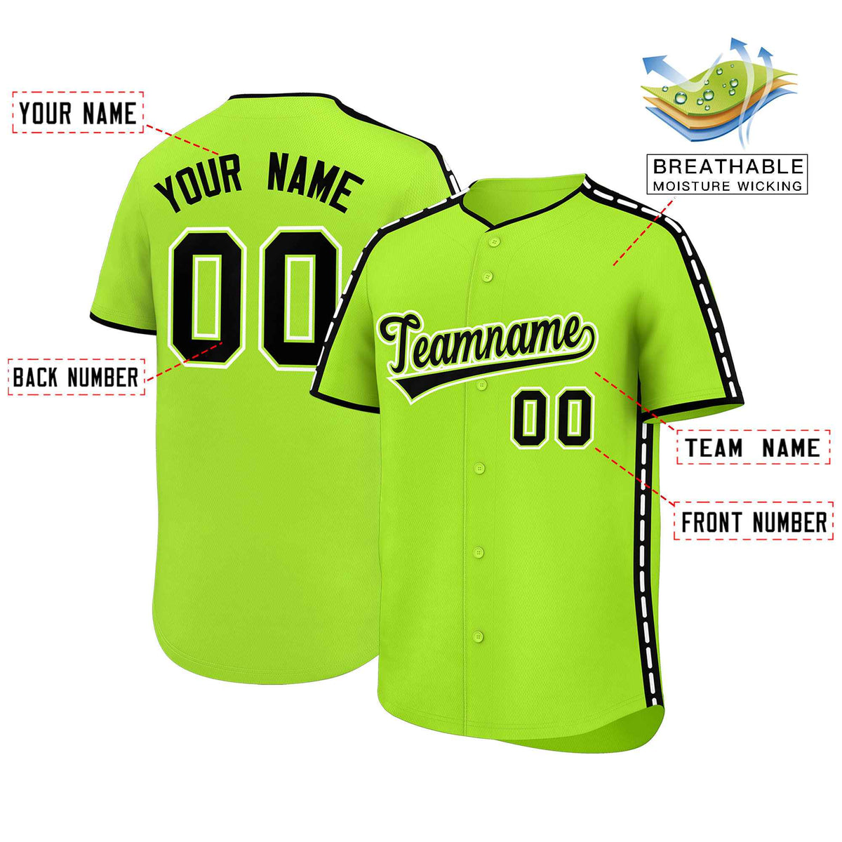 Custom Light Green Black Color Block Personalized Side Dotted Line Authentic Baseball Jersey