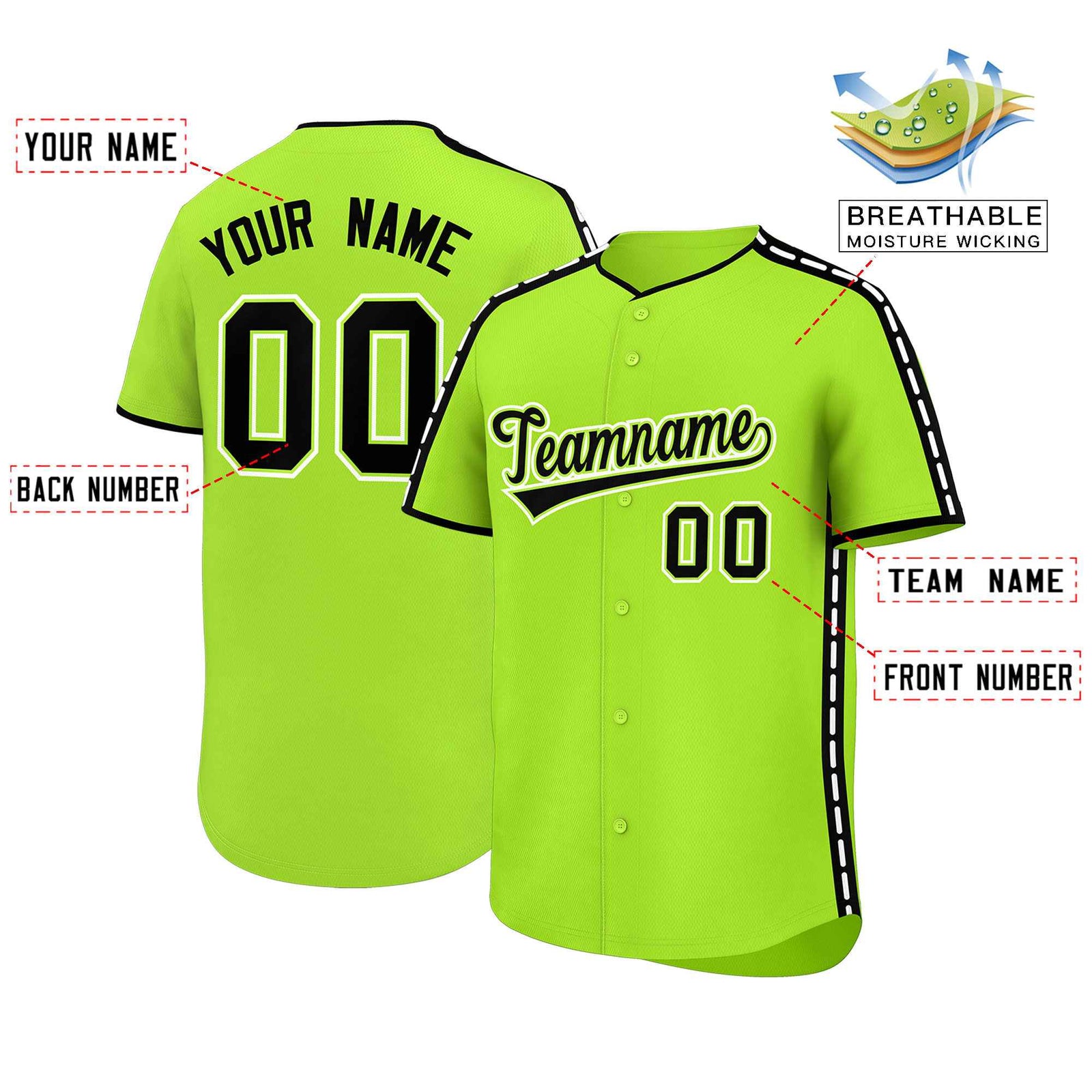 Custom Light Green Black Color Block Personalized Side Dotted Line Authentic Baseball Jersey