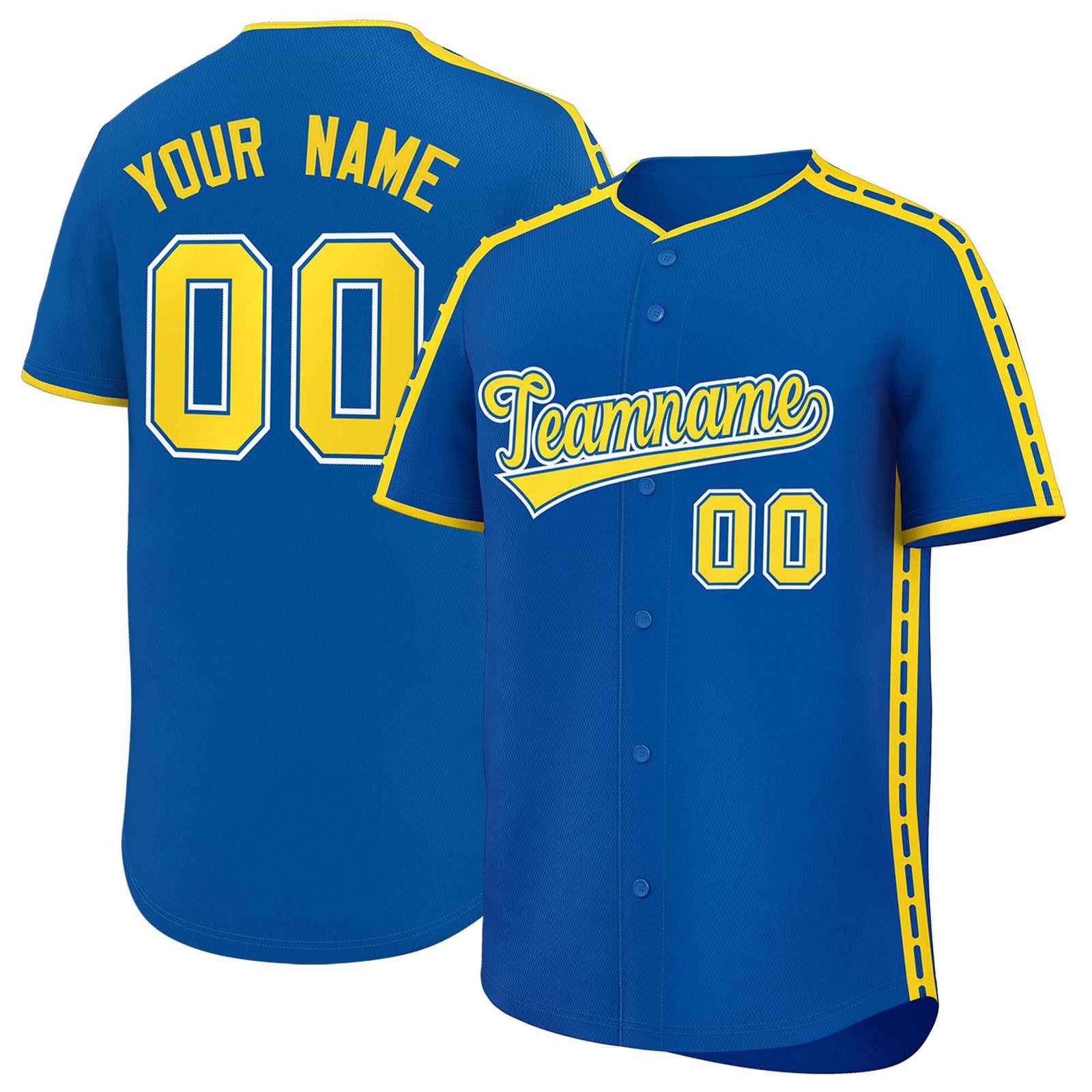 Custom Royal Gold Color Block Personalized Side Dotted Line Authentic Baseball Jersey