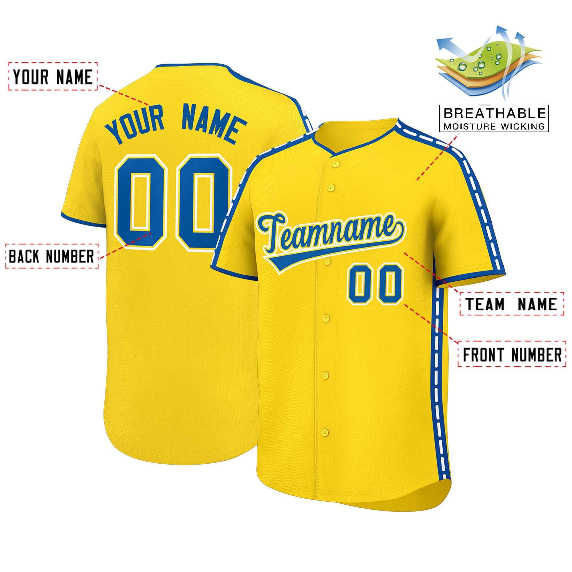Custom Gold Royal Color Block Personalized Side Dotted Line Authentic Baseball Jersey