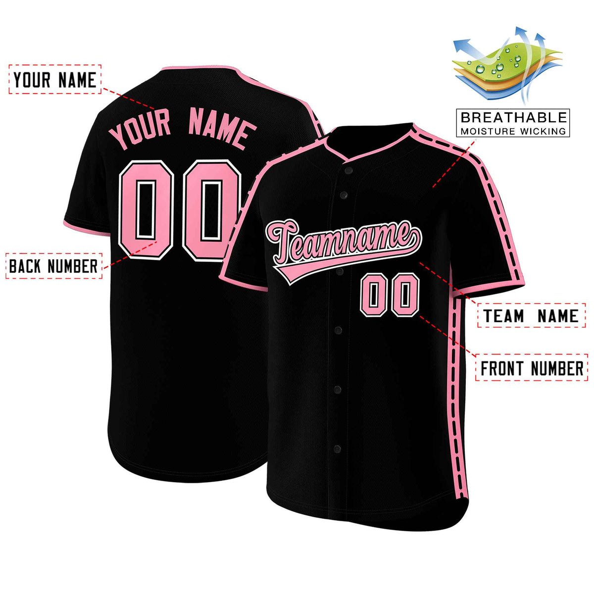 Custom Black Light Pink Color Block Personalized Side Dotted Line Authentic Baseball Jersey
