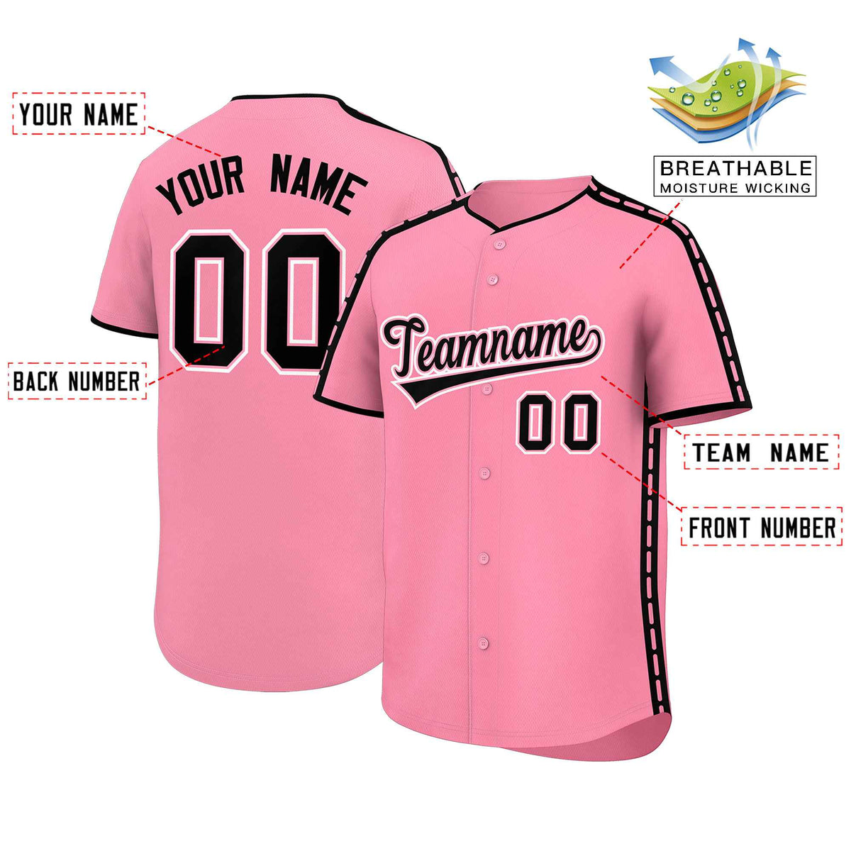 Custom Light Pink Black Color Block Personalized Side Dotted Line Authentic Baseball Jersey