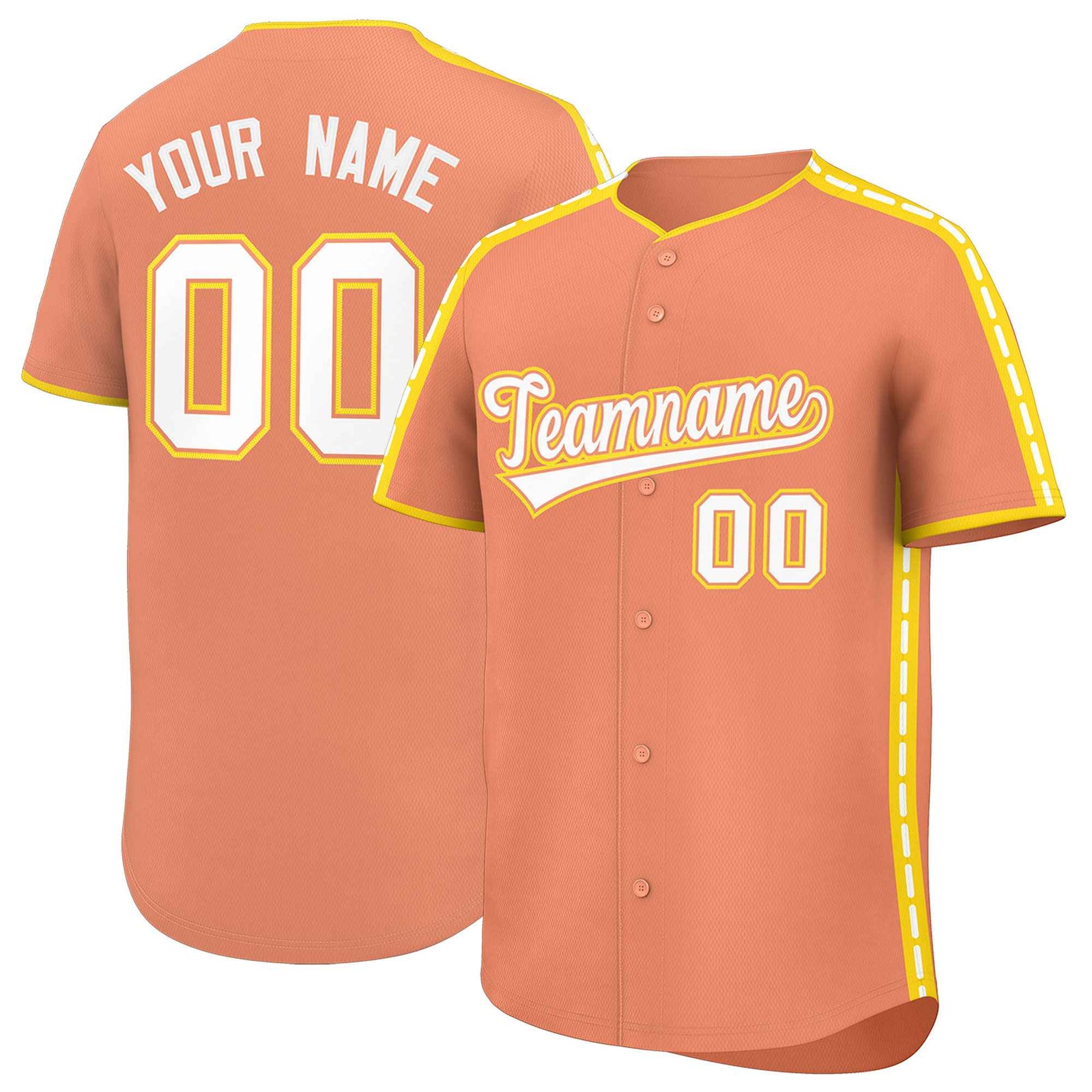 Custom Light Orange Gold Color Block Personalized Side Dotted Line Authentic Baseball Jersey