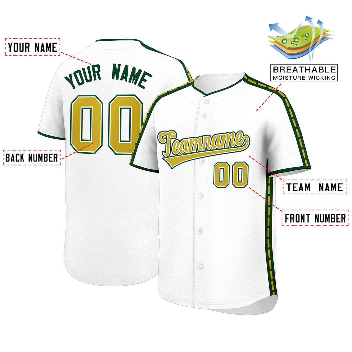 Custom White Green Color Block Personalized Side Dotted Line Authentic Baseball Jersey