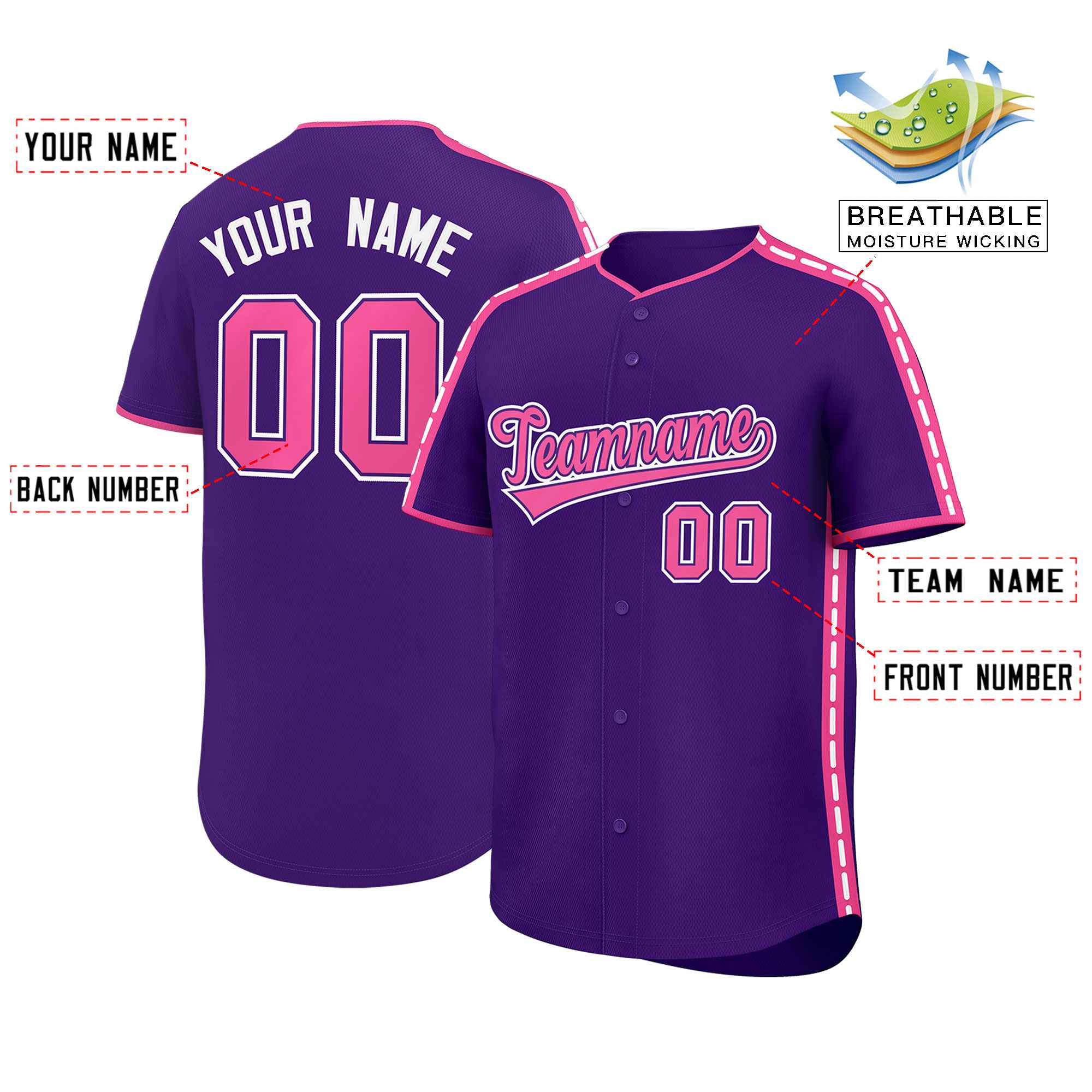 Custom Purple Pink Color Block Personalized Side Dotted Line Authentic Baseball Jersey