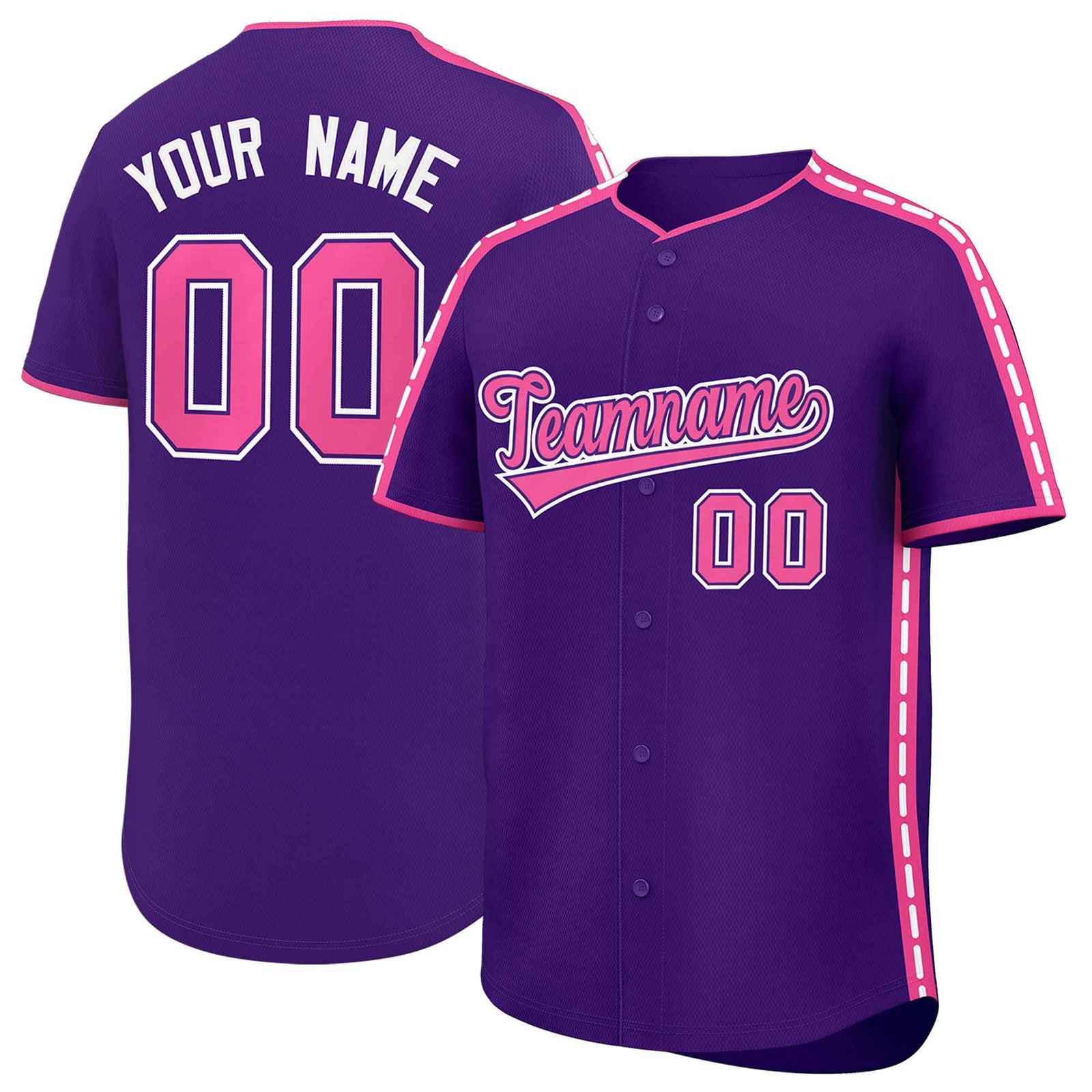 Custom Purple Pink Color Block Personalized Side Dotted Line Authentic Baseball Jersey