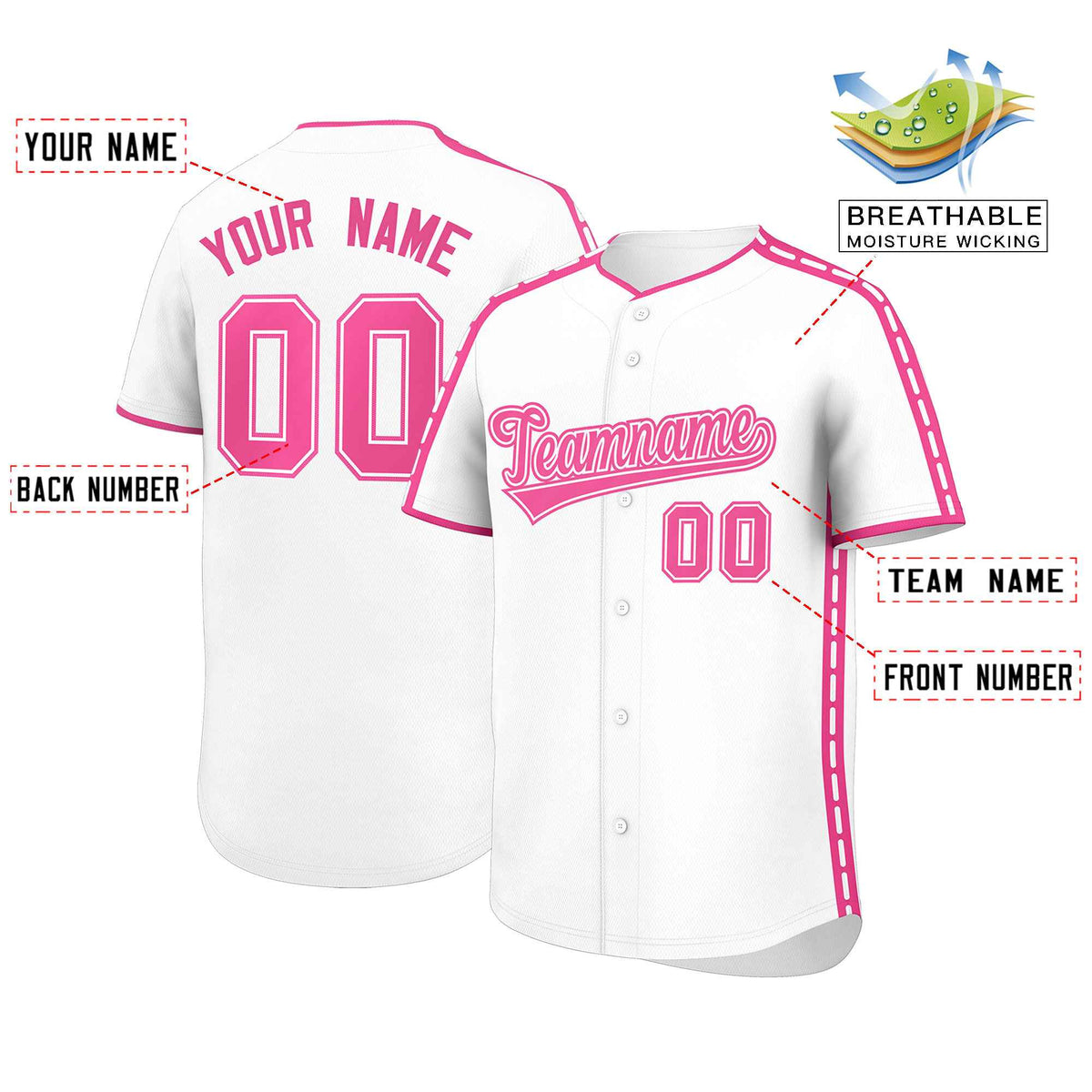 Custom White Pink Color Block Personalized Side Dotted Line Authentic Baseball Jersey