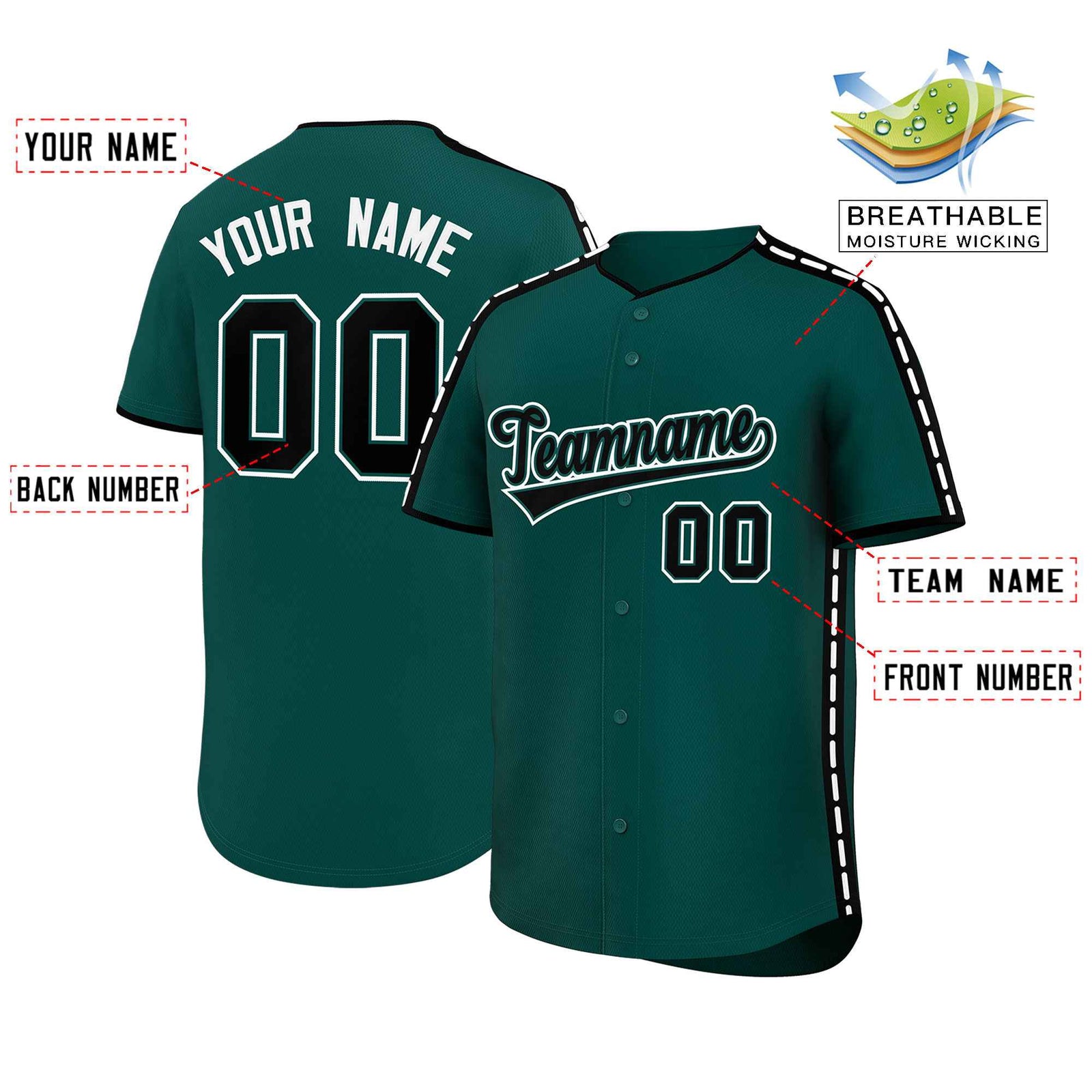 Custom Midnight Green Black Color Block Personalized Side Dotted Line Authentic Baseball Jersey