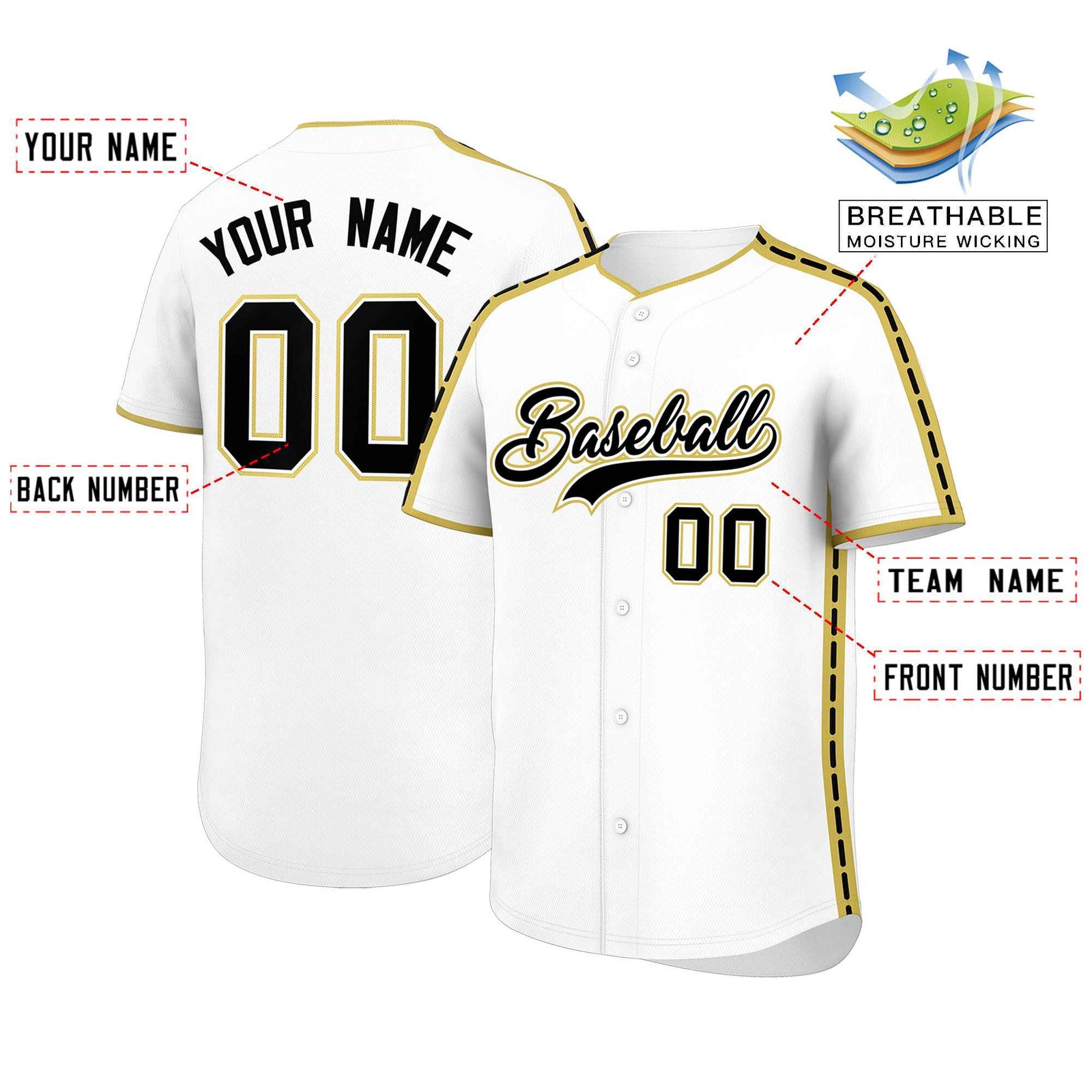 Custom White Old Gold Color Block Personalized Side Dotted Line Authentic Baseball Jersey