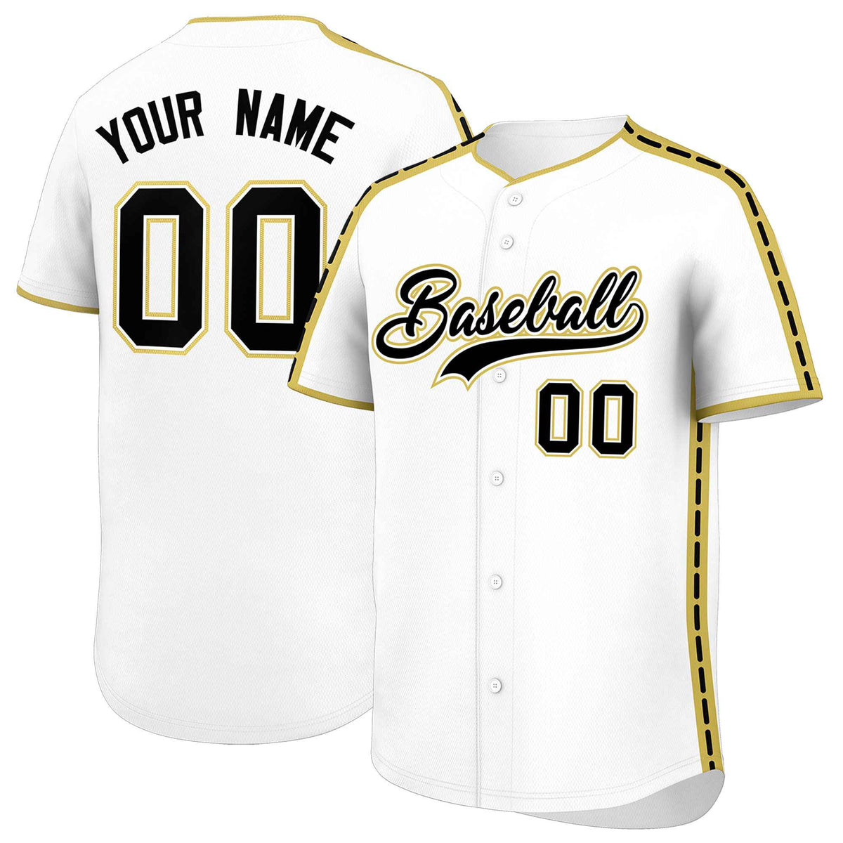 Custom White Old Gold Color Block Personalized Side Dotted Line Authentic Baseball Jersey