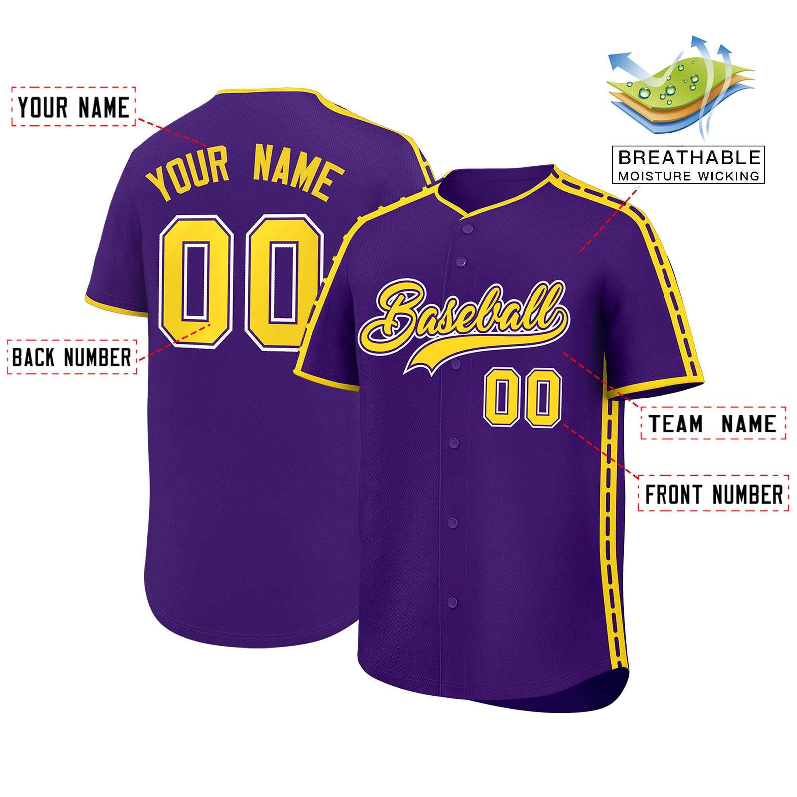 Custom Purple Gold Color Block Personalized Side Dotted Line Authentic Baseball Jersey