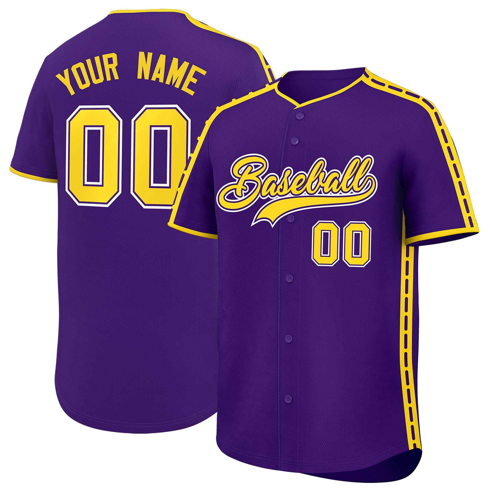 Custom Purple Gold Color Block Personalized Side Dotted Line Authentic Baseball Jersey
