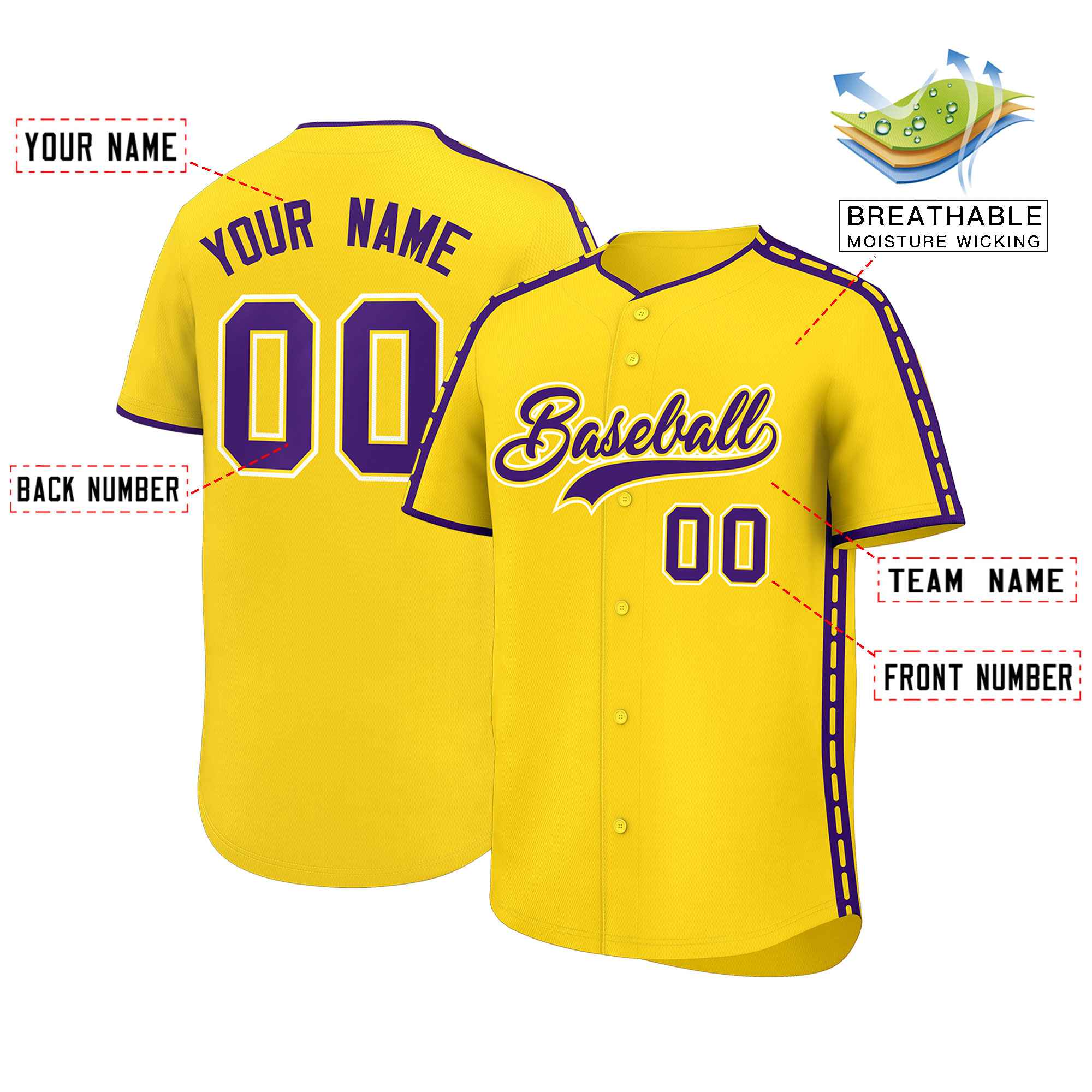 Custom Gold Purple Color Block Personalized Side Dotted Line Authentic Baseball Jersey
