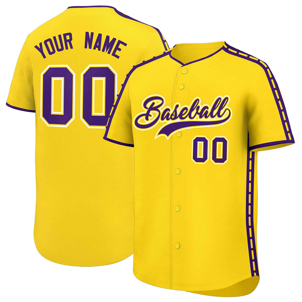 Custom Gold Purple Color Block Personalized Side Dotted Line Authentic Baseball Jersey
