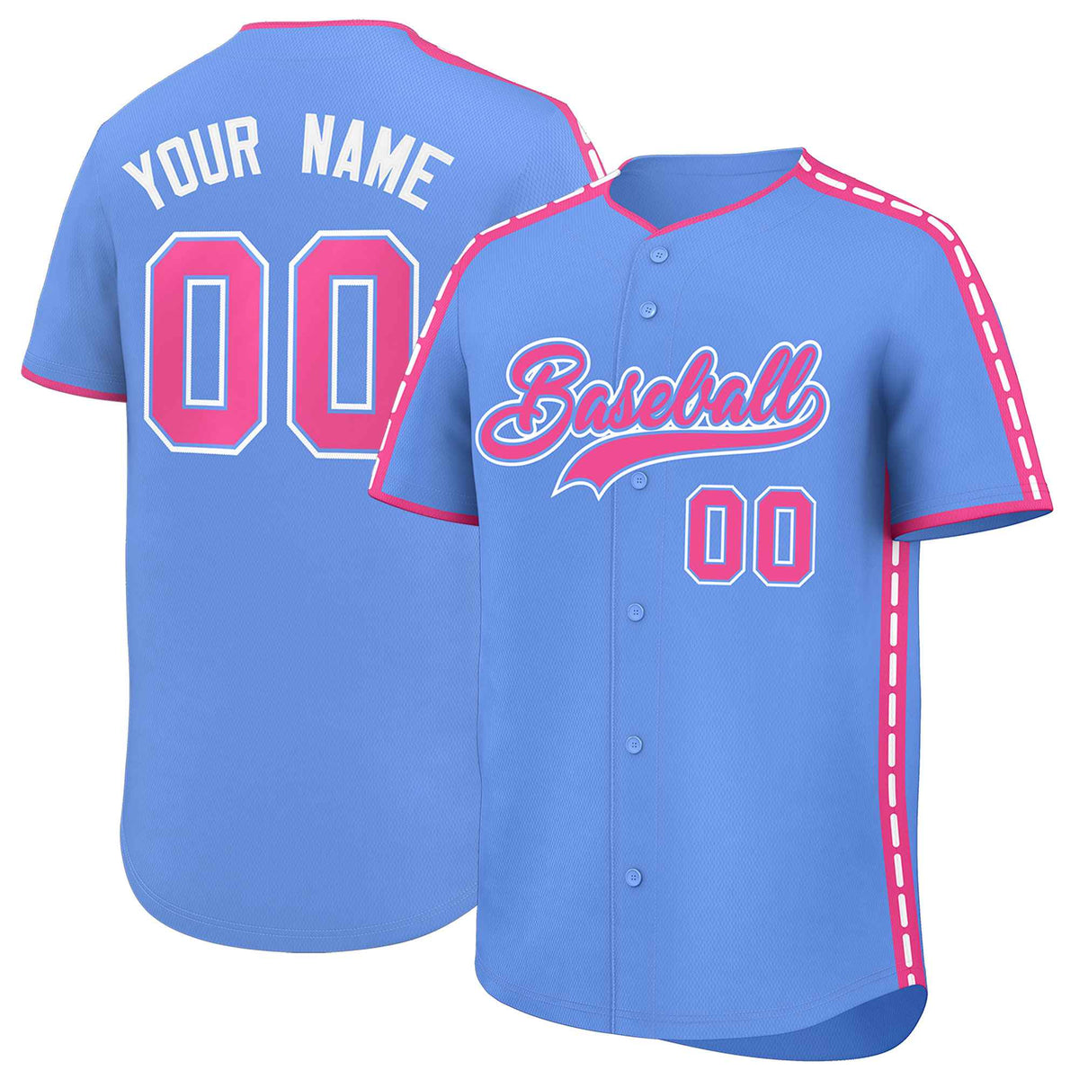 Custom Light Blue Pink Color Block Personalized Side Dotted Line Authentic Baseball Jersey