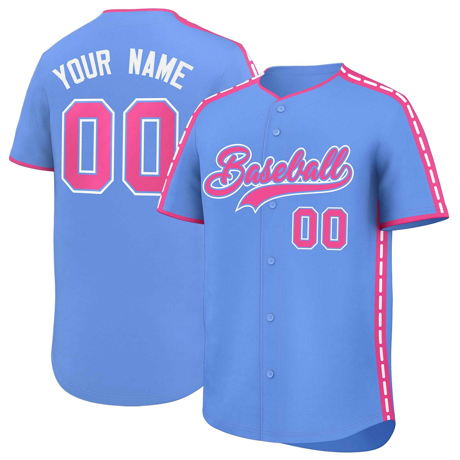 Custom Light Blue Pink Color Block Personalized Side Dotted Line Authentic Baseball Jersey