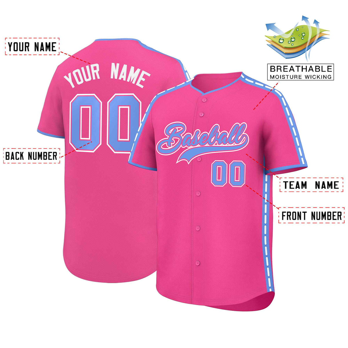 Custom Pink Light Blue Color Block Personalized Side Dotted Line Authentic Baseball Jersey