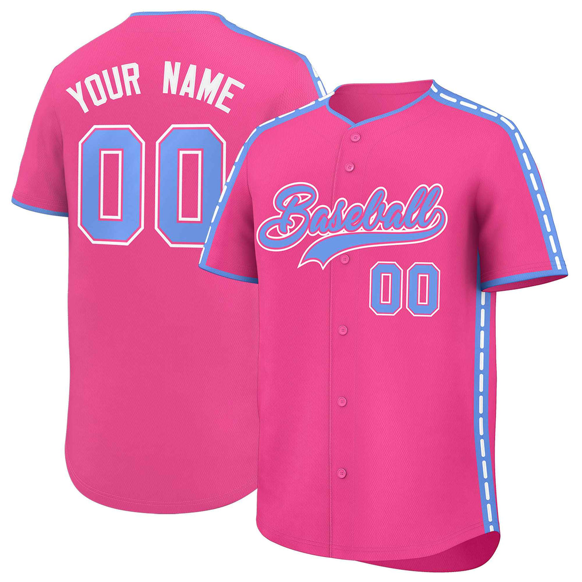 Custom Pink Light Blue Color Block Personalized Side Dotted Line Authentic Baseball Jersey