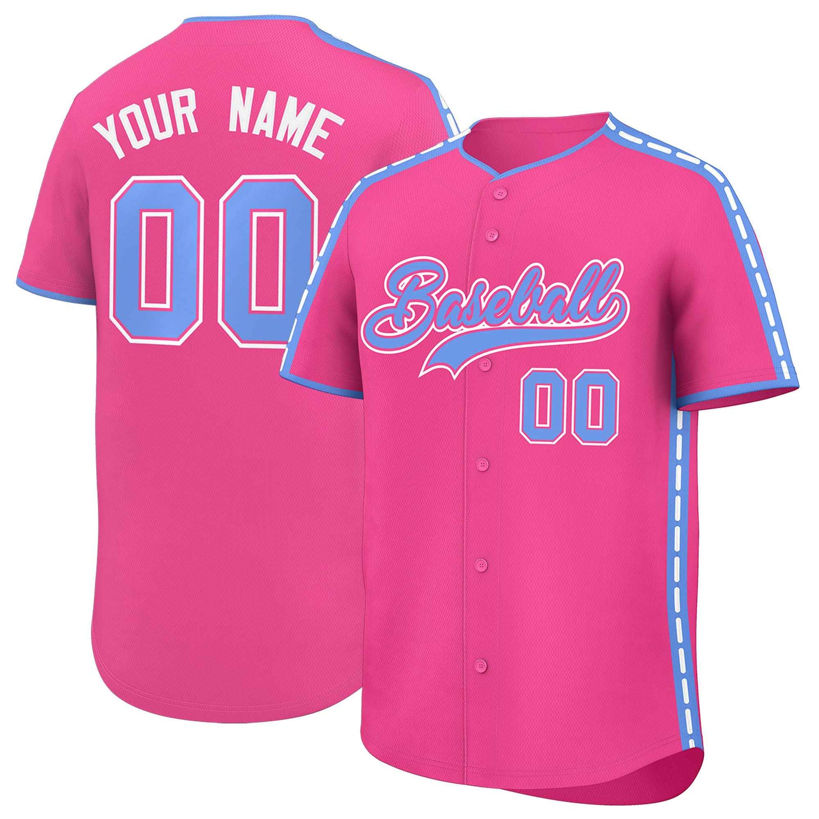 Custom Pink Light Blue Color Block Personalized Side Dotted Line Authentic Baseball Jersey