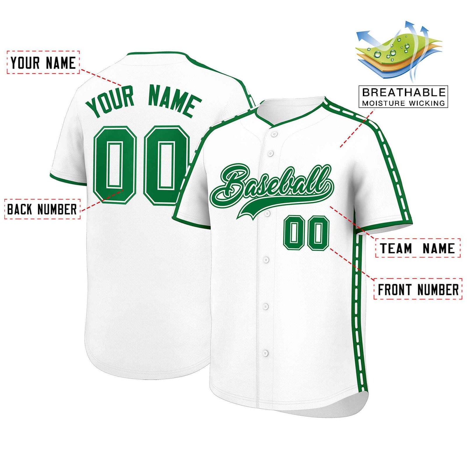 Custom White Kelly Green Color Block Personalized Side Dotted Line Authentic Baseball Jersey