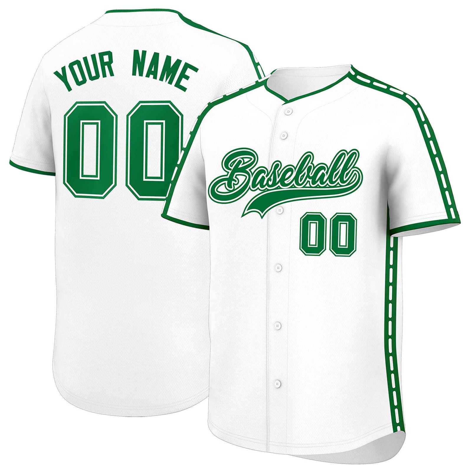Custom White Kelly Green Color Block Personalized Side Dotted Line Authentic Baseball Jersey