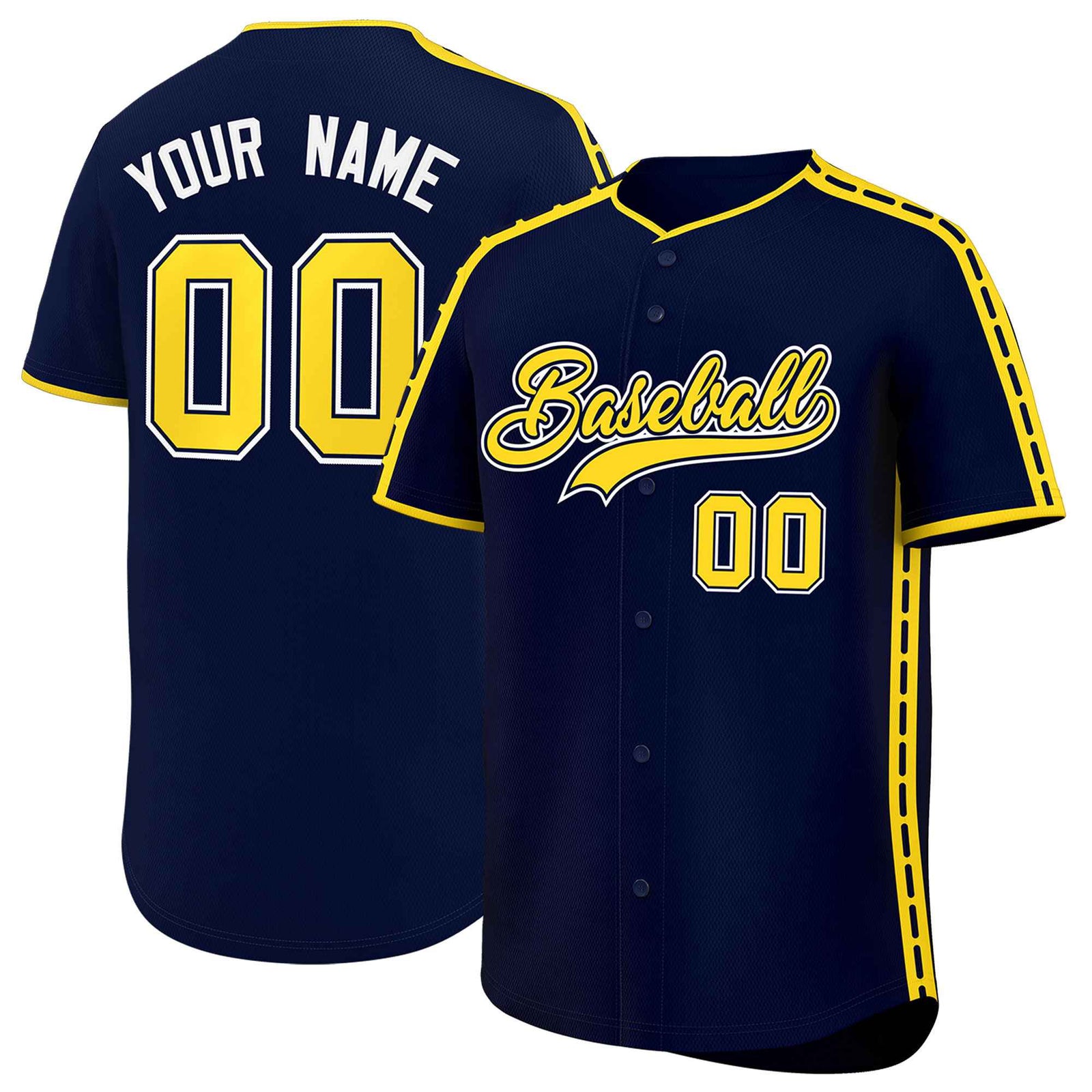 Custom Navy Gold Color Block Personalized Side Dotted Line Authentic Baseball Jersey