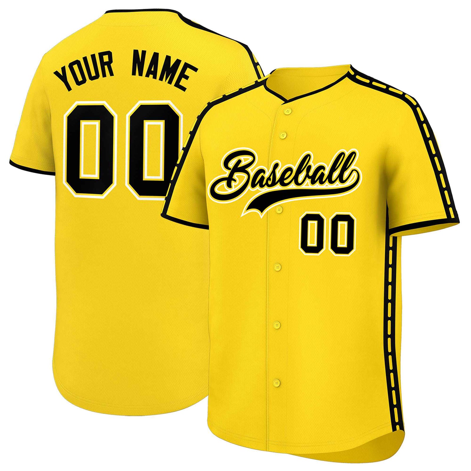 Custom Gold Black Color Block Personalized Side Dotted Line Authentic Baseball Jersey