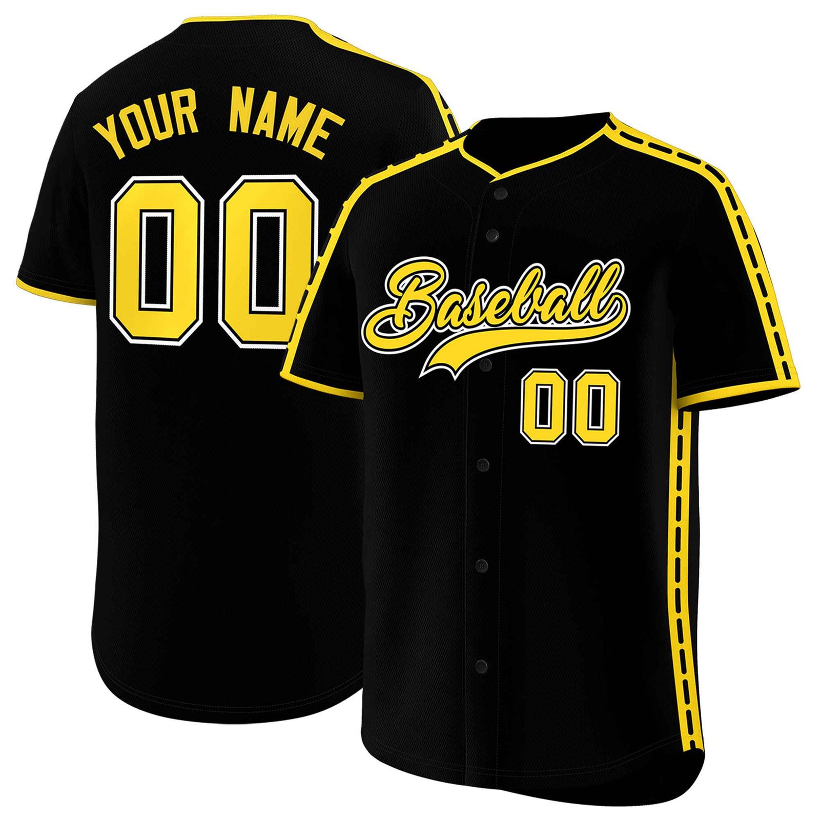 Custom Black Gold Color Block Personalized Side Dotted Line Authentic Baseball Jersey