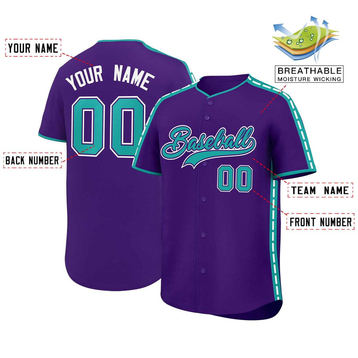 Custom Purple Aqua Color Block Personalized Side Dotted Line Authentic Baseball Jersey