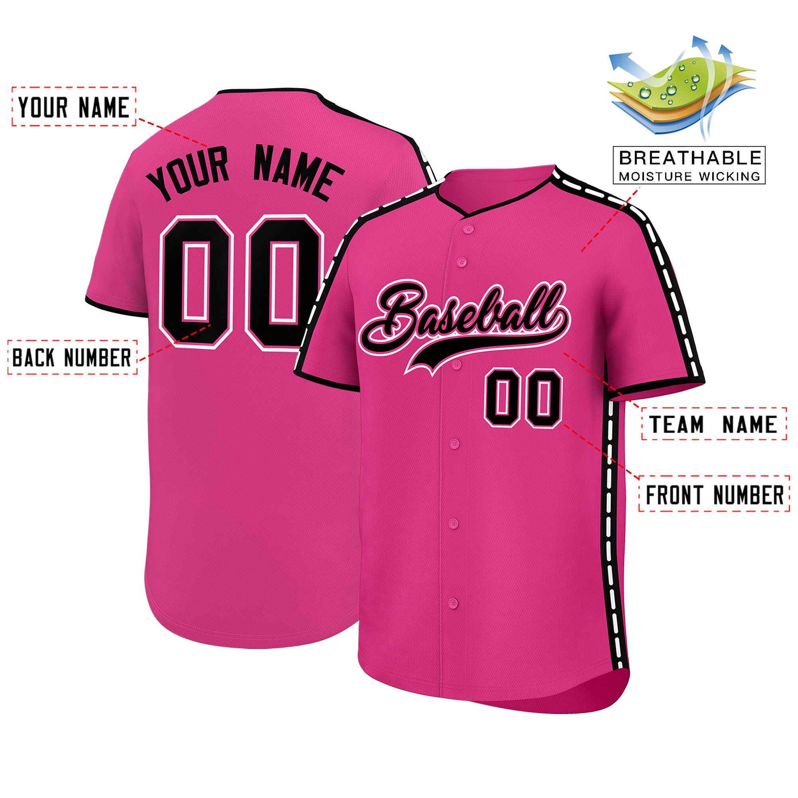 Custom Pink Black Color Block Personalized Side Dotted Line Authentic Baseball Jersey