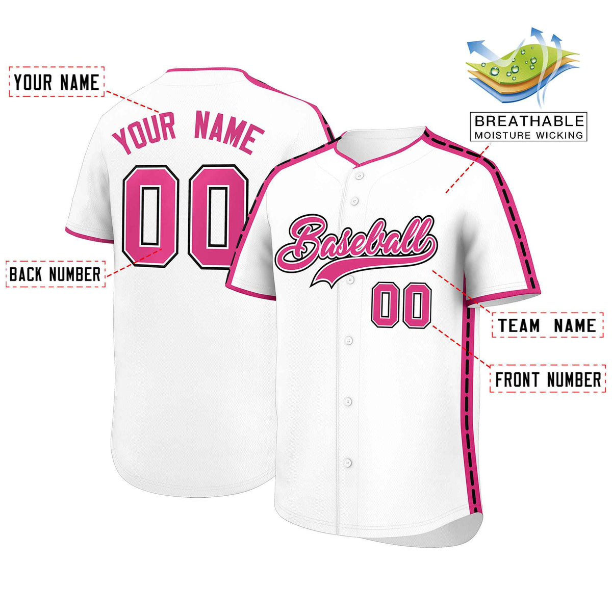 Custom White Pink Color Block Personalized Side Dotted Line Authentic Baseball Jersey