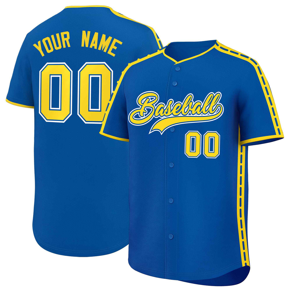 Custom Royal Gold Color Block Personalized Side Dotted Line Authentic Baseball Jersey